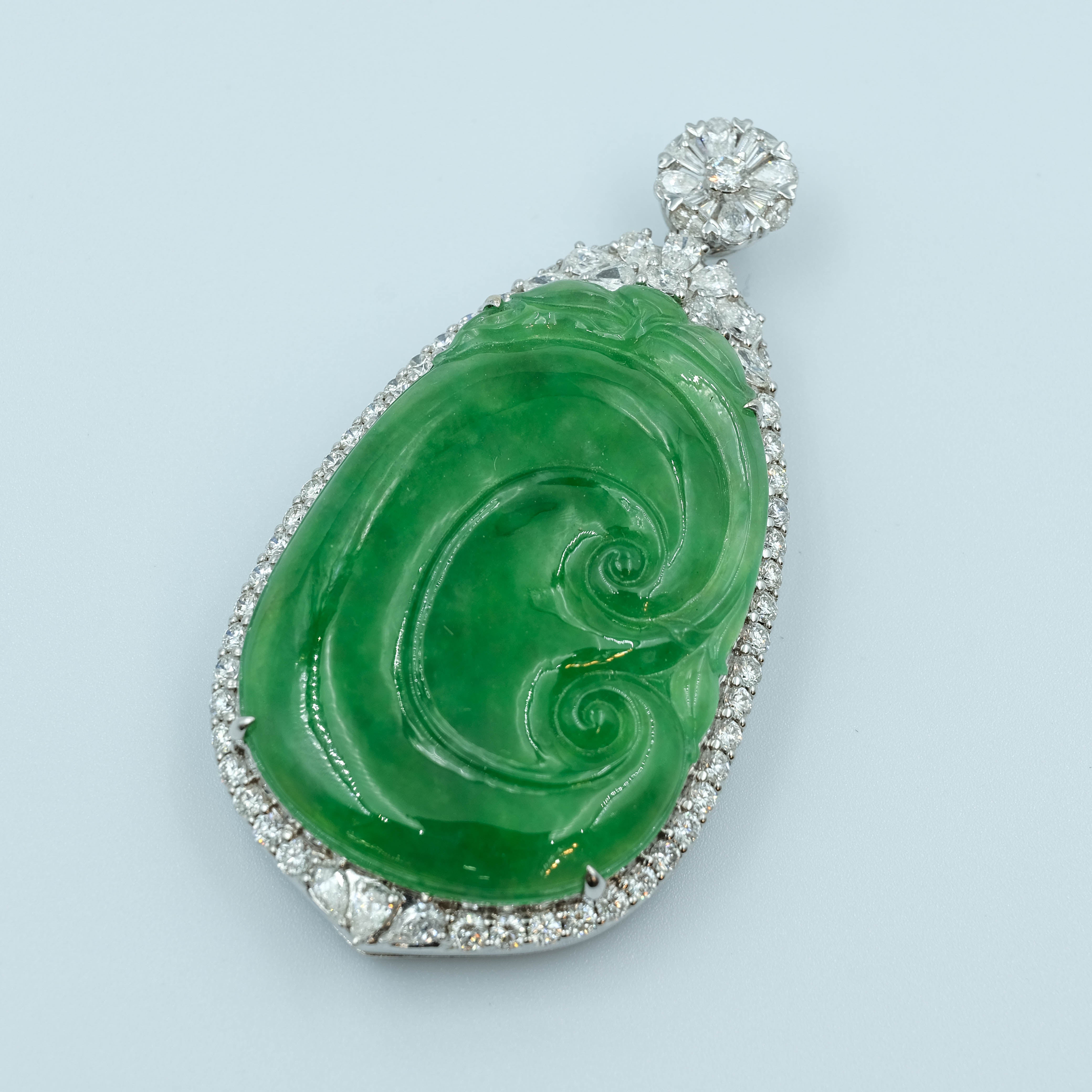 RuYi Pendant Jadeite Jade Green Translucent Grade A 18K White Gold with Diamond Inlay