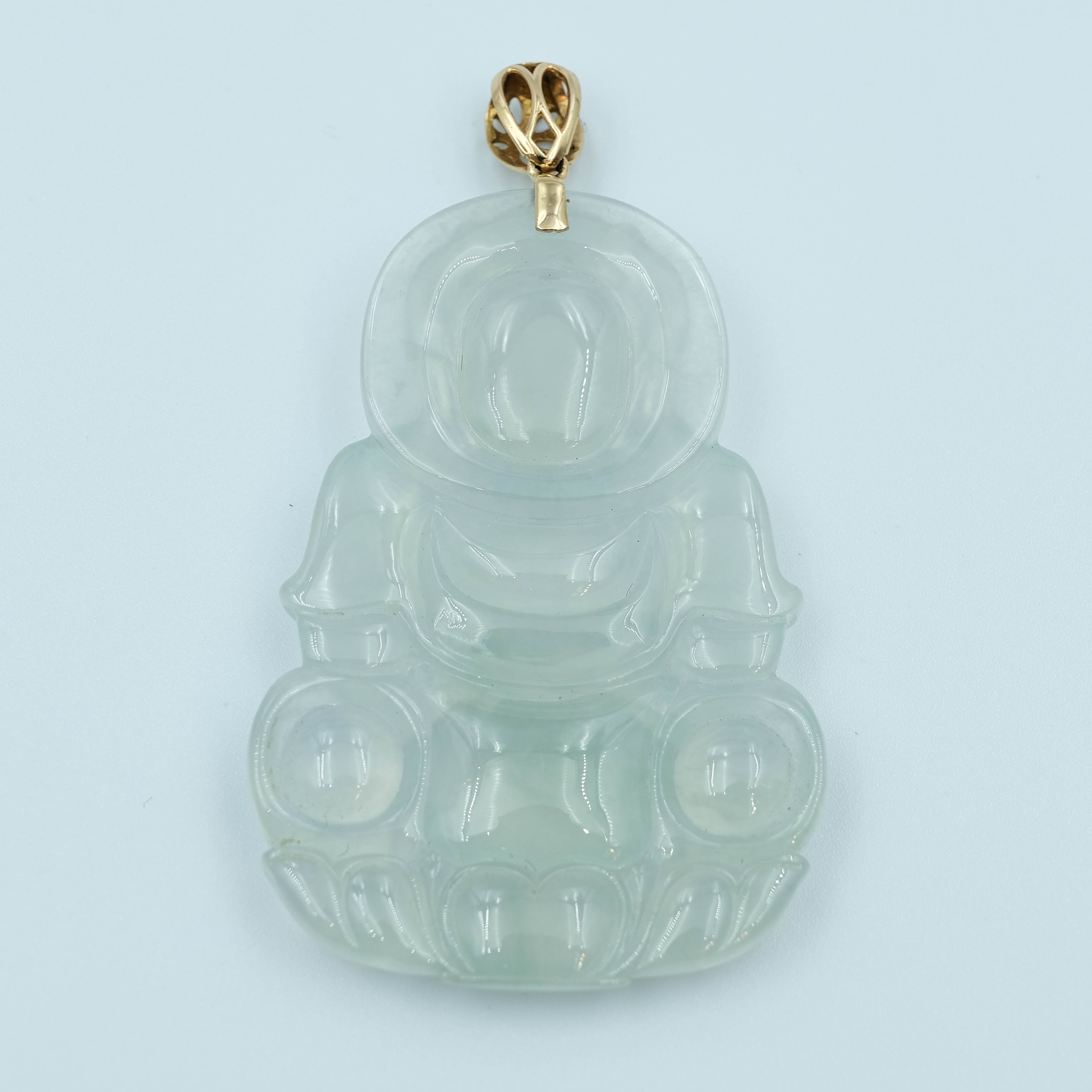 GuanYin Pendant Jadeite No Color Icy Translucent 18K Yellow Gold Inlay