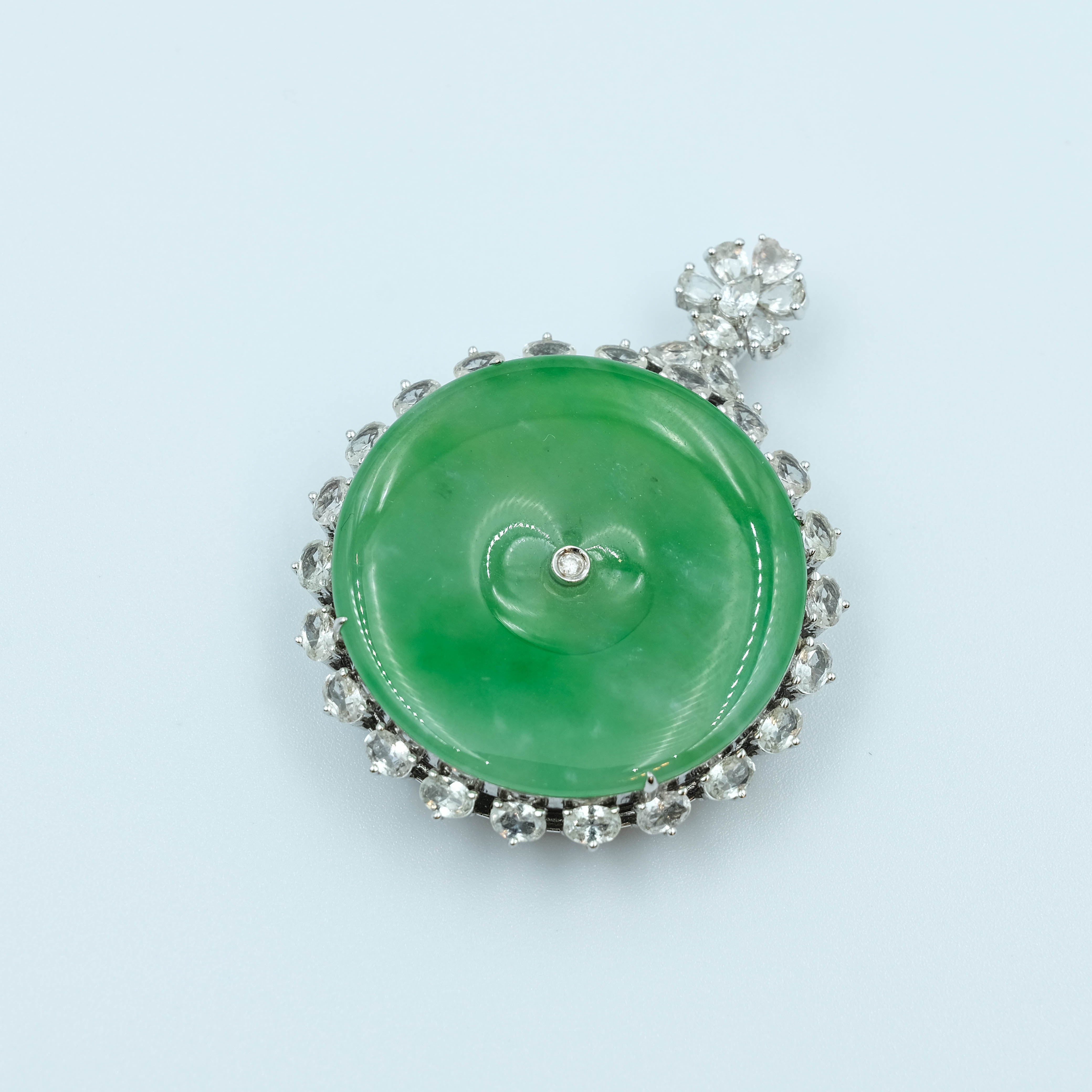 PingAnKou Pendant Jadeite Sweet Jade Green Grade A 18K White Gold Inlay