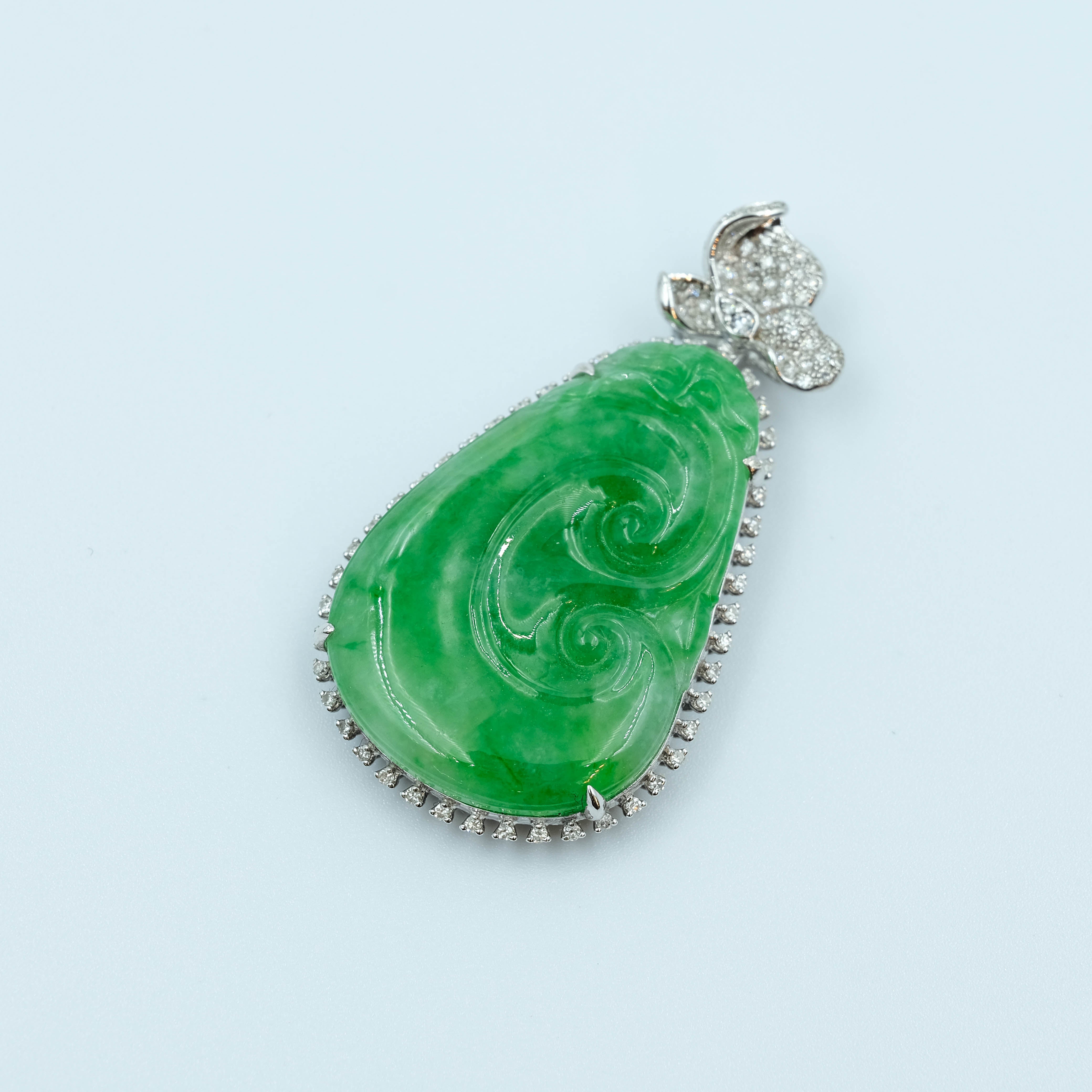 RuYi Pendant Jadeite Jade Vivid Green Translucent Grade A 18K White Gold with Diamond Inlay