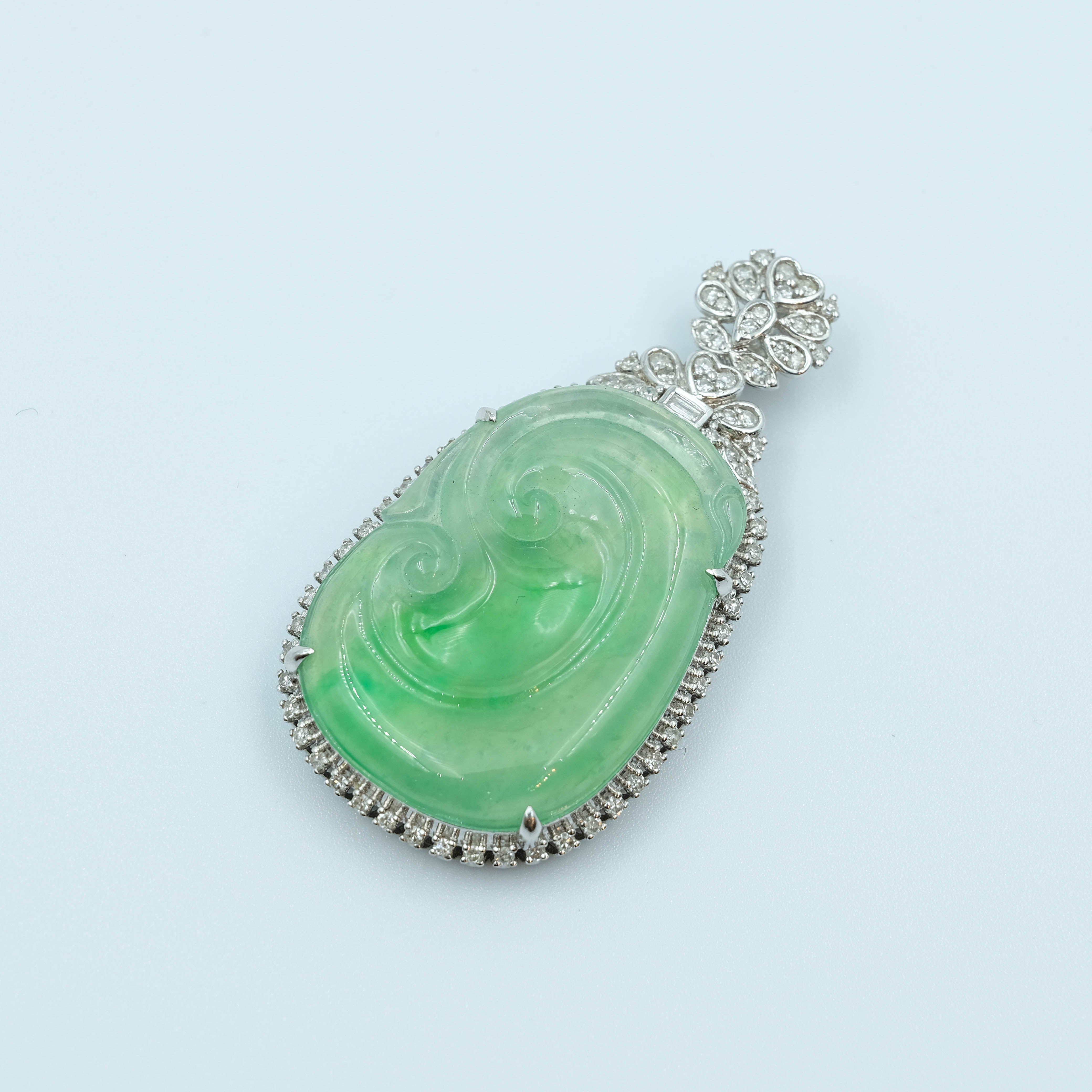 RuYi Pendant Jadeite Jade Apple Green Translucent Grade A 18K White Gold Inlay