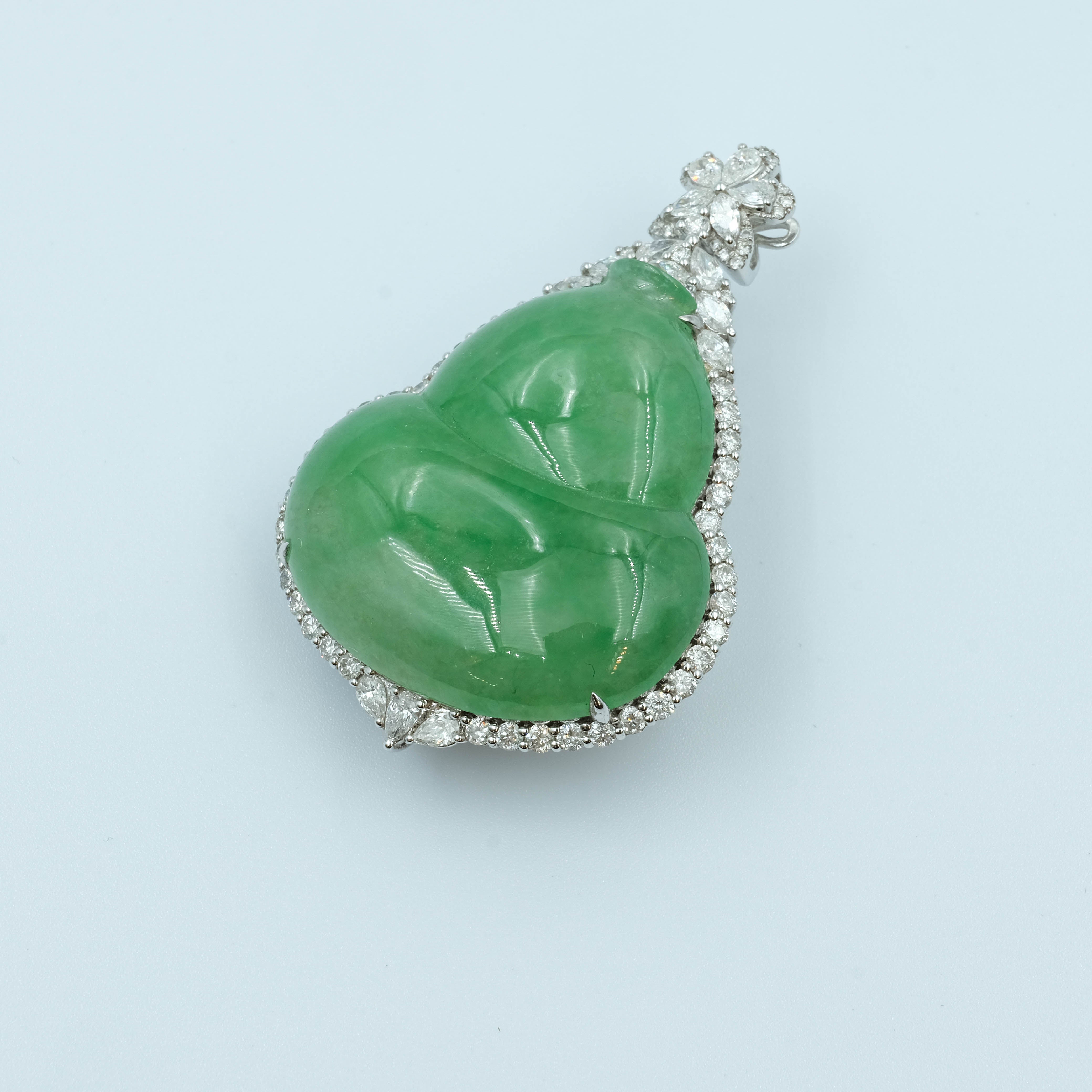 HuLu Pendant Jadeite Jade Green Grade A 18K White Gold with Natural Diamond Inlay