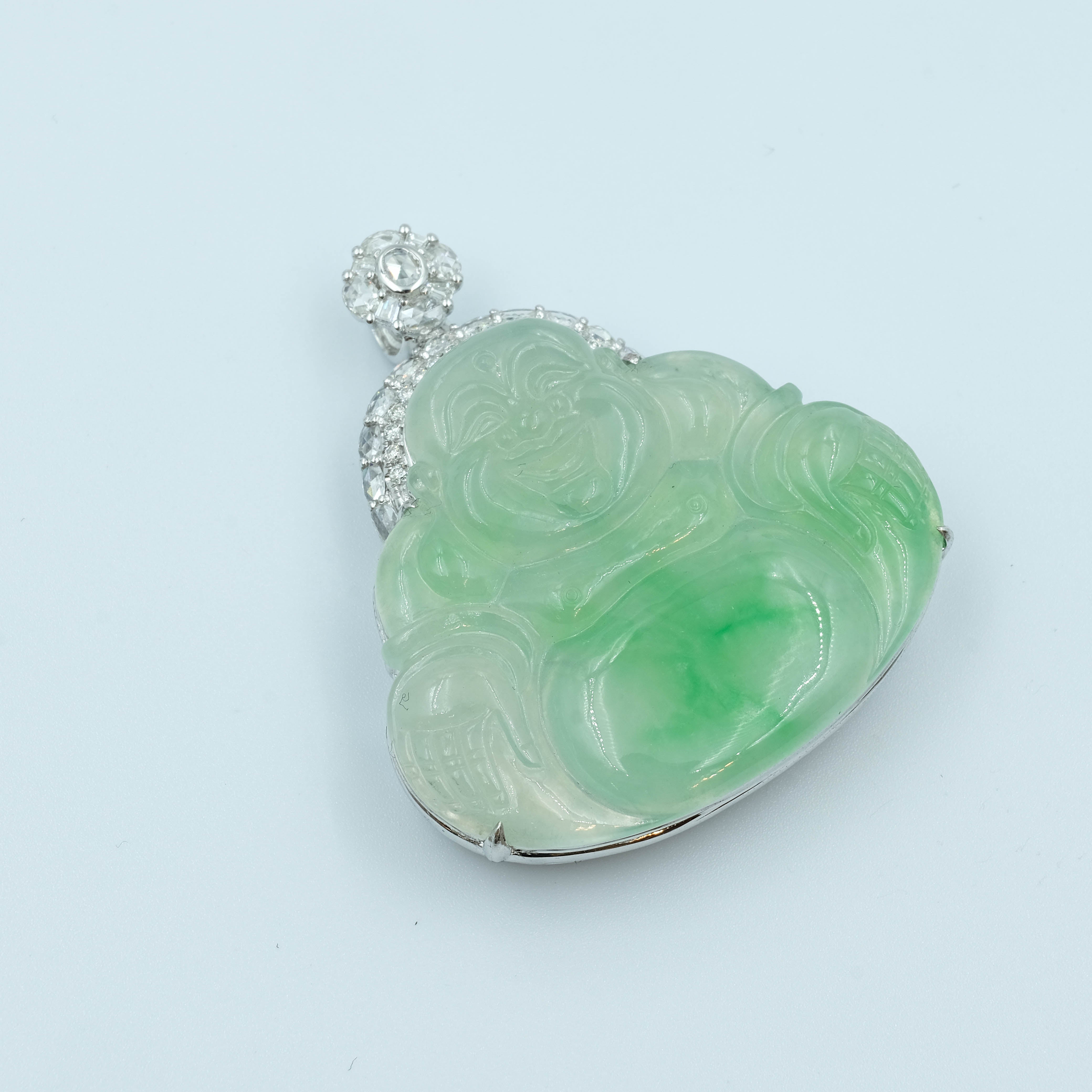 Laughing Buddha Pendant Jadeite Pastel Green Translucent Moss on Snow Grade A 18k White Gold Natural Diamond Inlay