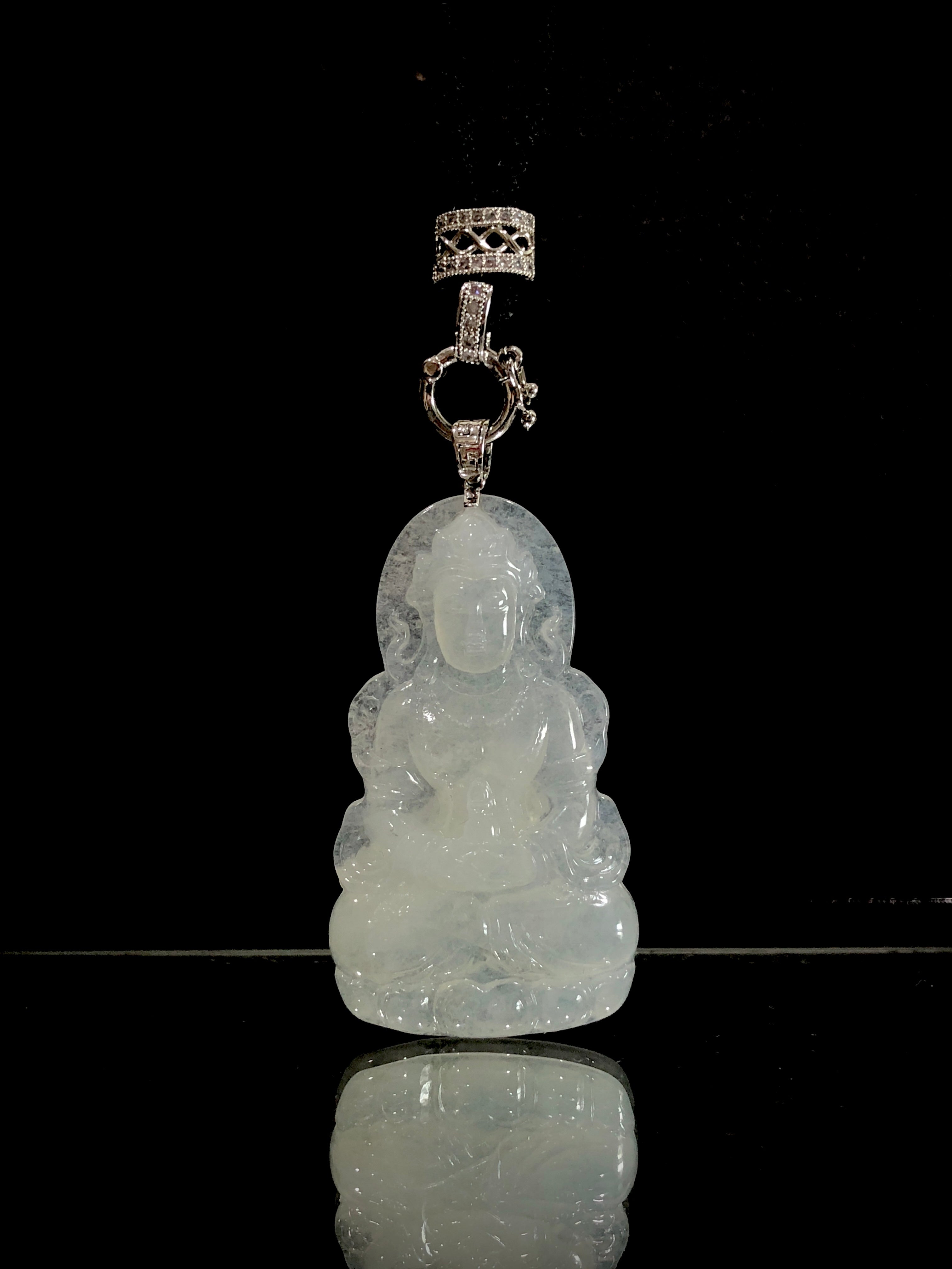 DuMu GuanYin White Translucent Pendant 18K White Gold Inlay Natural Burmese Jadeite Grade A