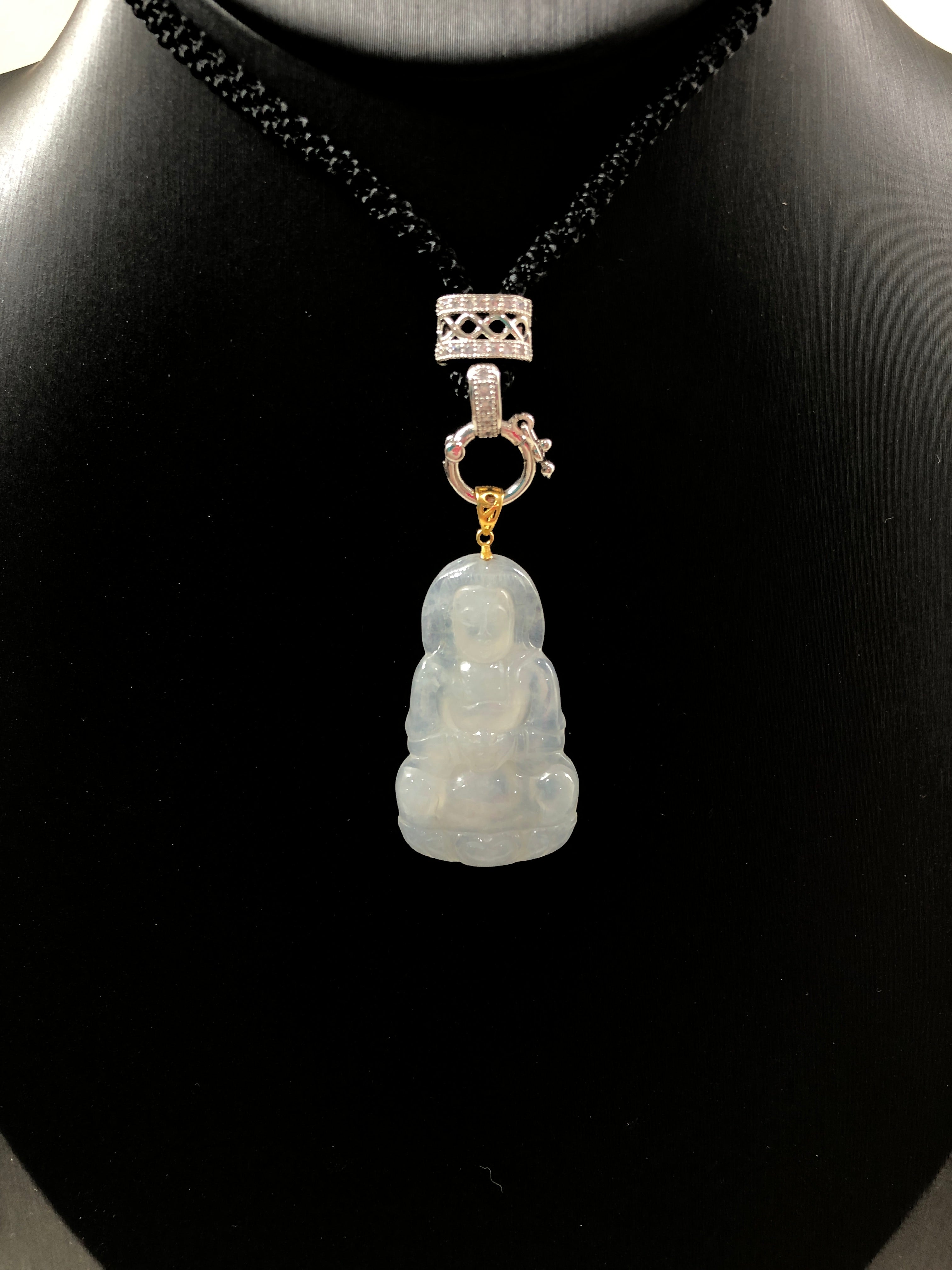GuanYin White Translucent Pendant 18K Yellow Gold Inlay Natural Burmese Jadeite Grade A