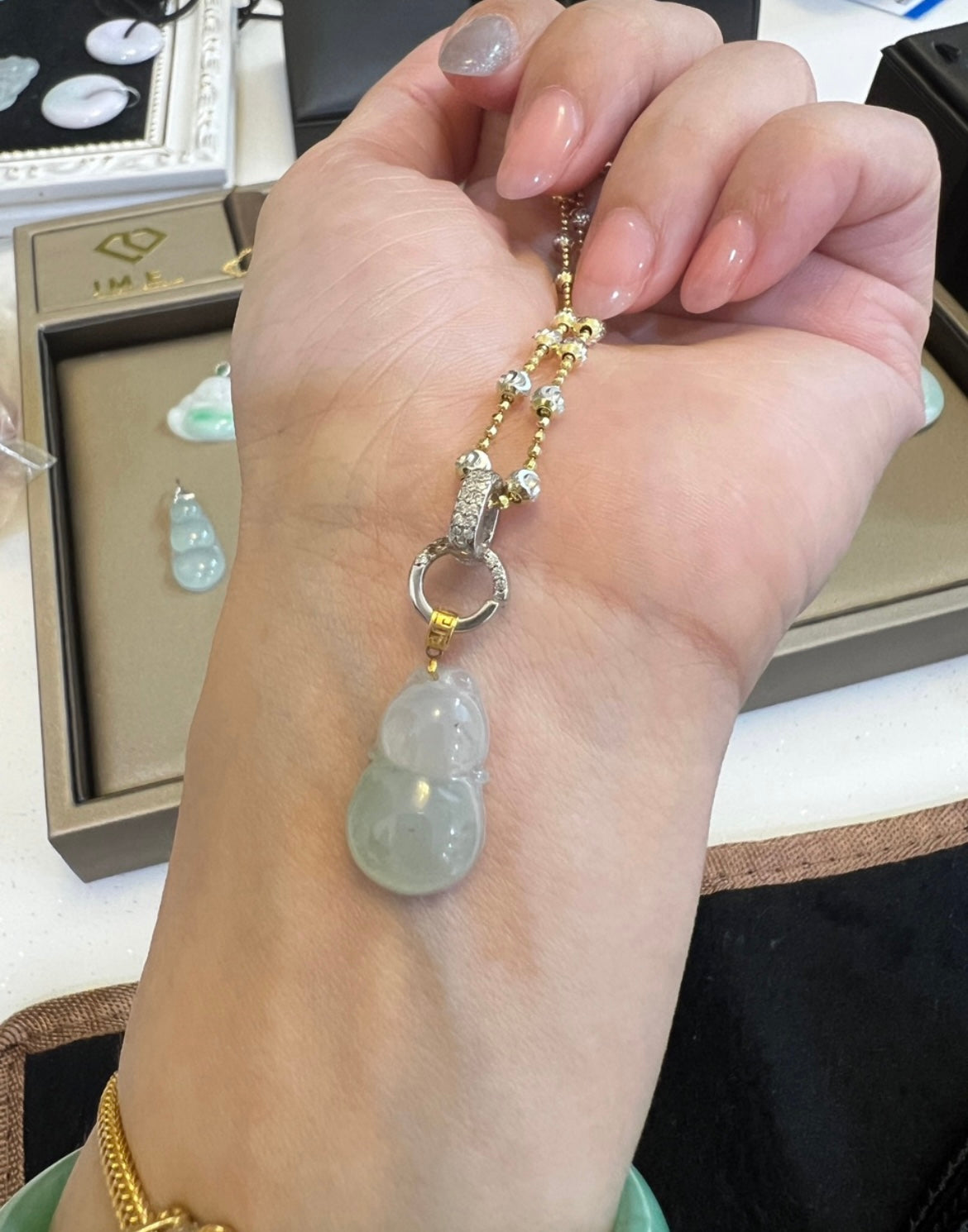 HuLu V2 Pendant White Translucent 18K Yellow Gold Inlayed 18.3x11.3x4.7mm Natural Burmese Jadeite Grade A