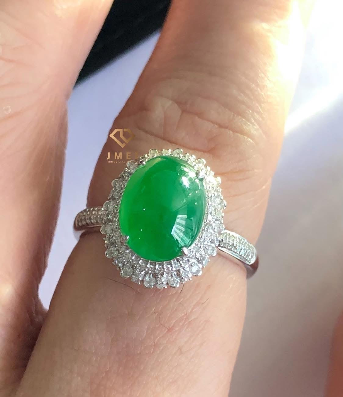 冰🧊辣绿蛋面戒指💍18k金 真金真钻 ice green jade jewelry ring (9.6×7.3×5mmC)