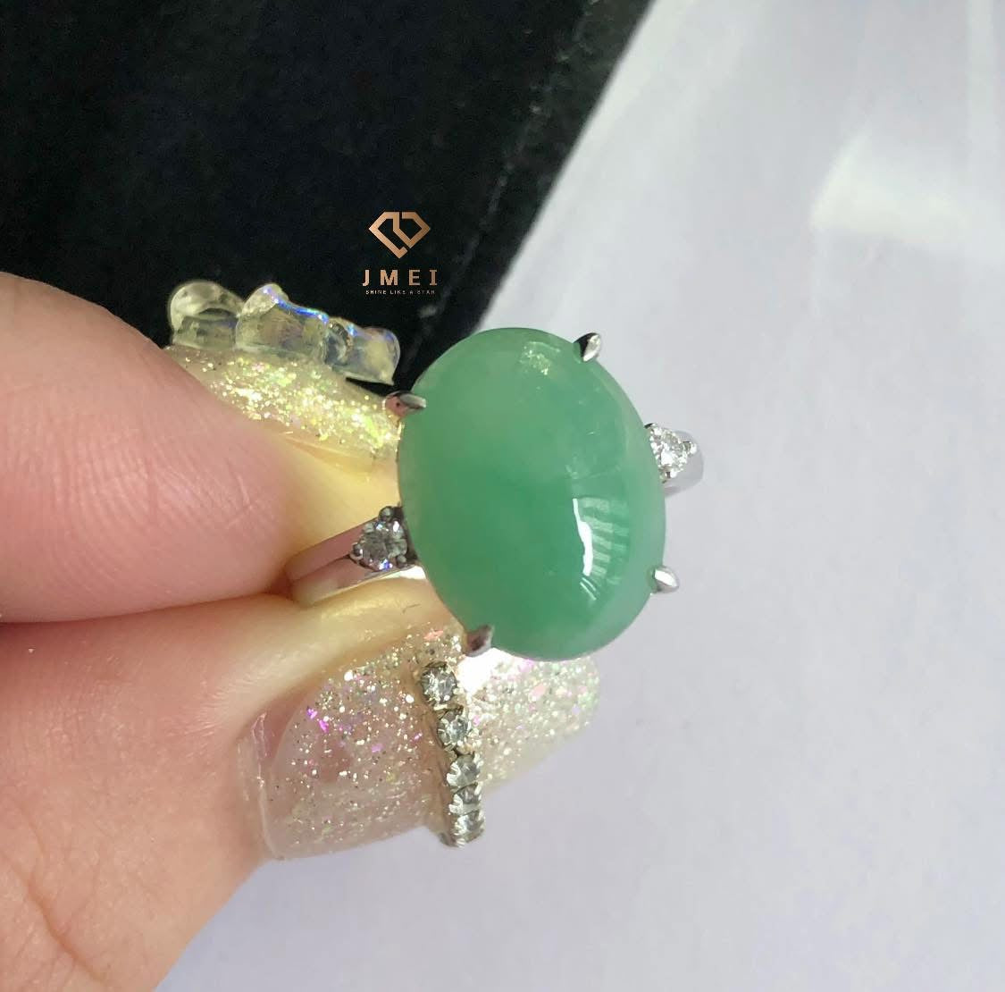 绿色蛋面戒指,925纯银+moissanite 13.6×5.5mm diameter 16.6 #6