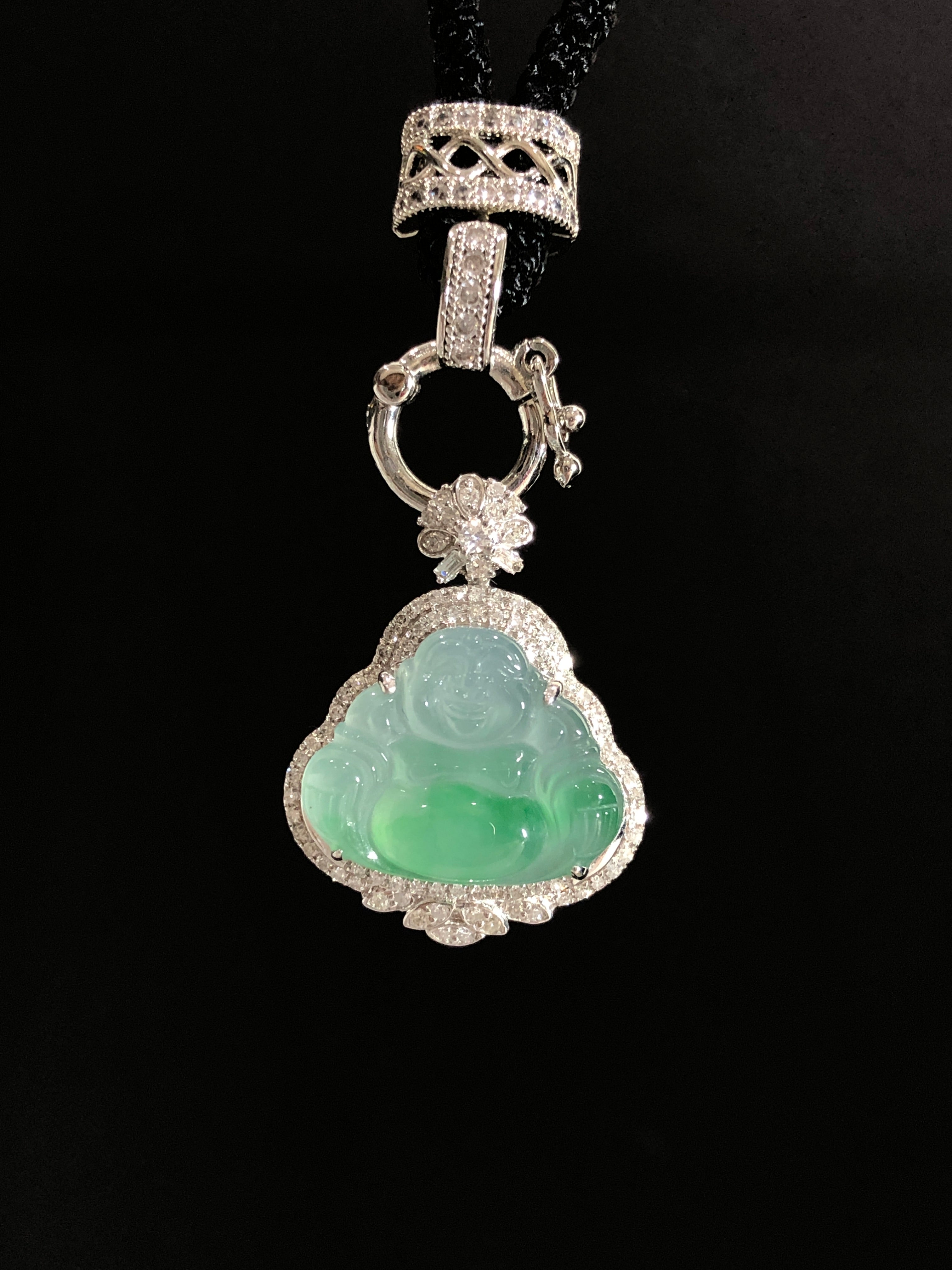 Translucent mint green laughing Buddha pendant 18k gold white with diamond size:24.1×18.4×7mm