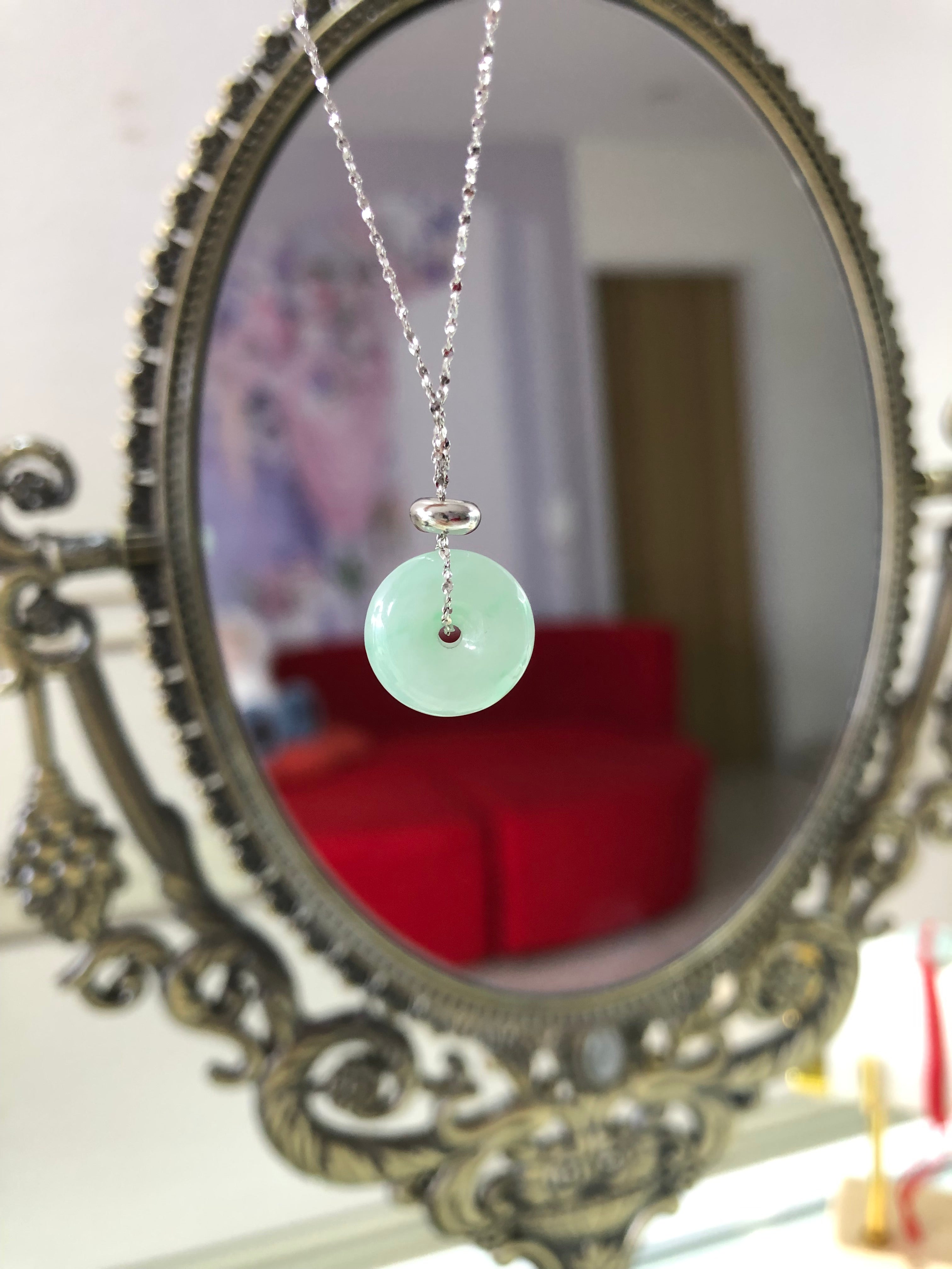 Ping An Kou Pendant Light Green Translucent 925 Silver Inlayed 12.8x4.4mm Natural Burmese Jadeite Grade A