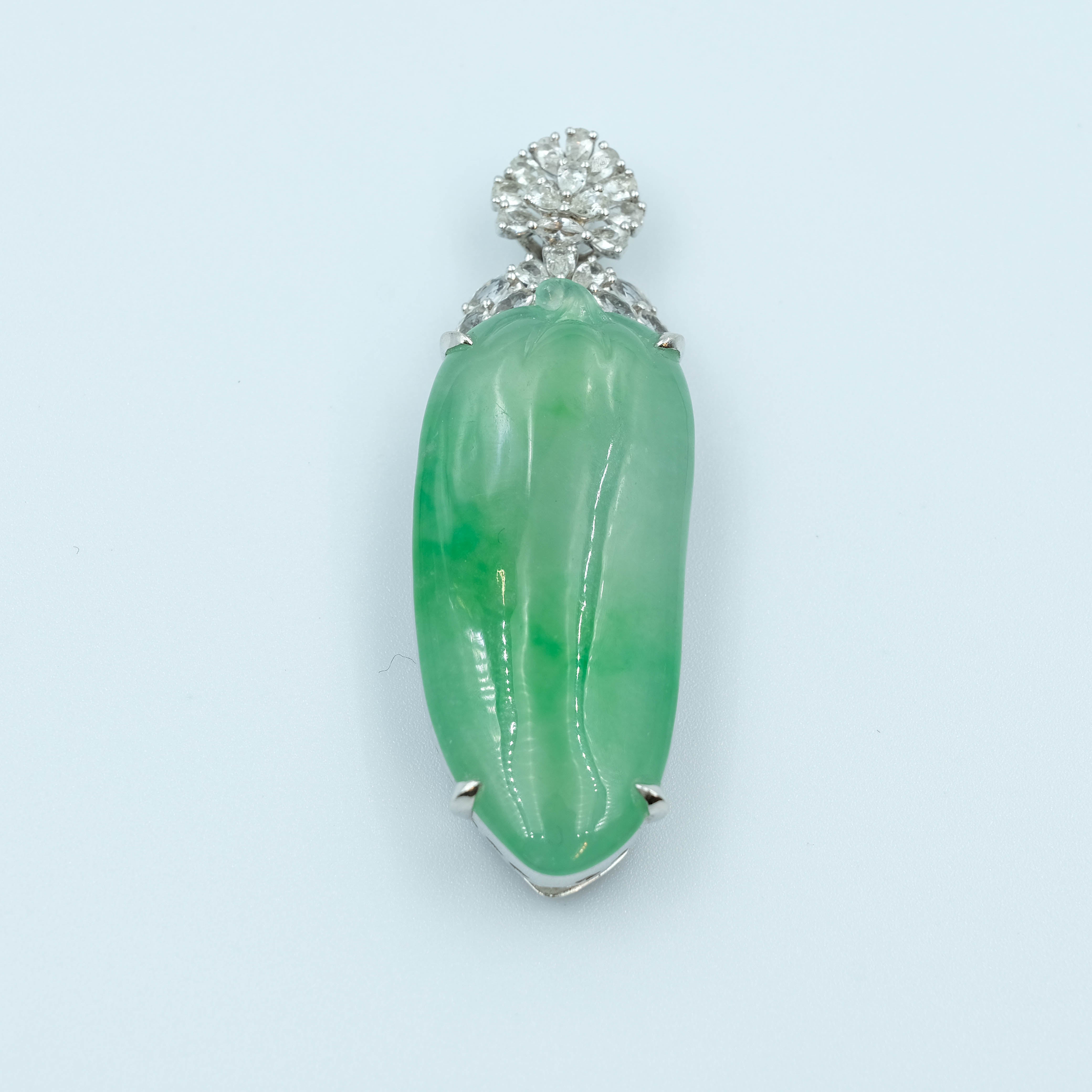 FuGua Pendant Jadeite Jade Pastel Green Translucent Grade A 18K White Gold with Diamond Inlay