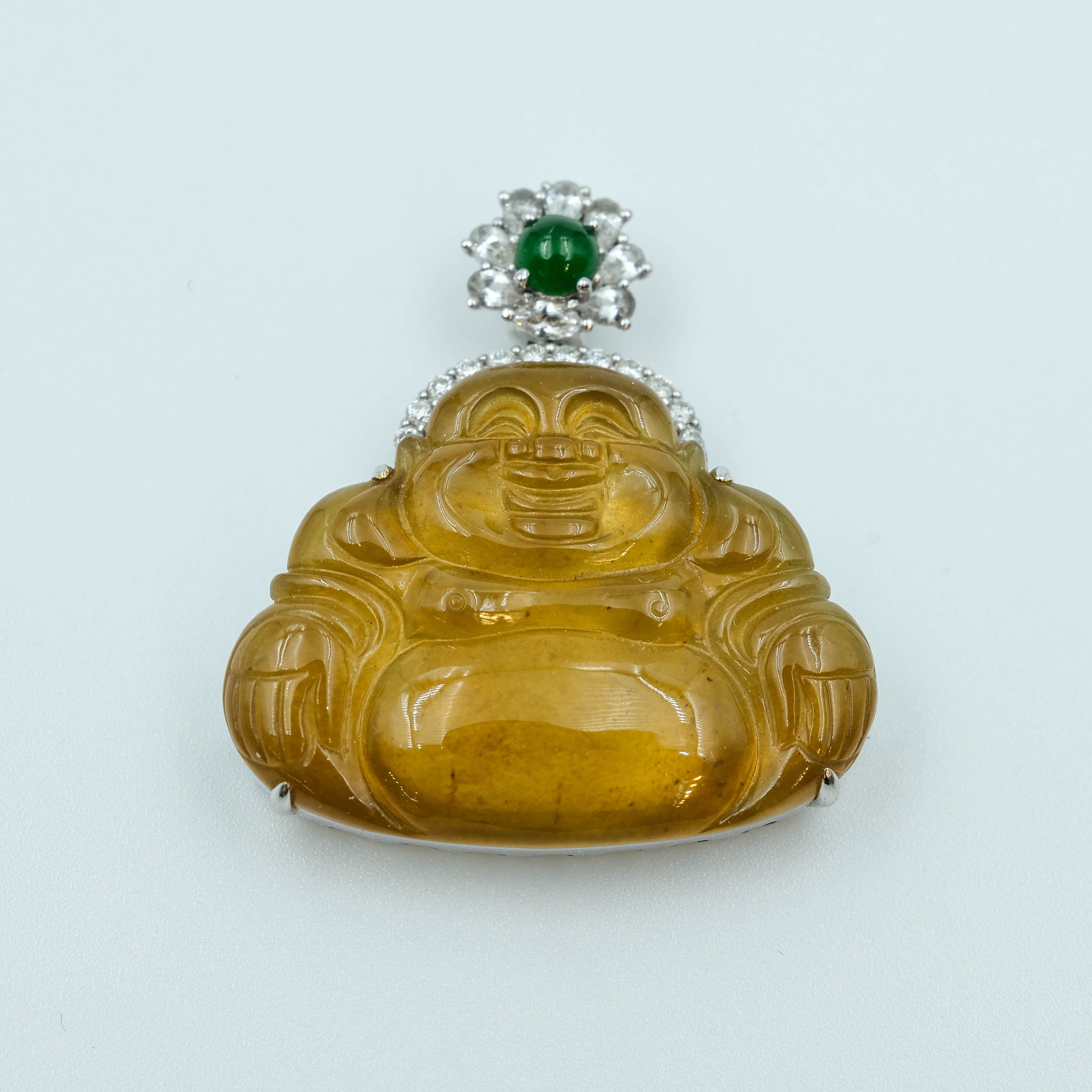 Laughing Buddha Pendant Jadeite Yellow Green Icy Clear Grade A 18K White Gold Inlay
