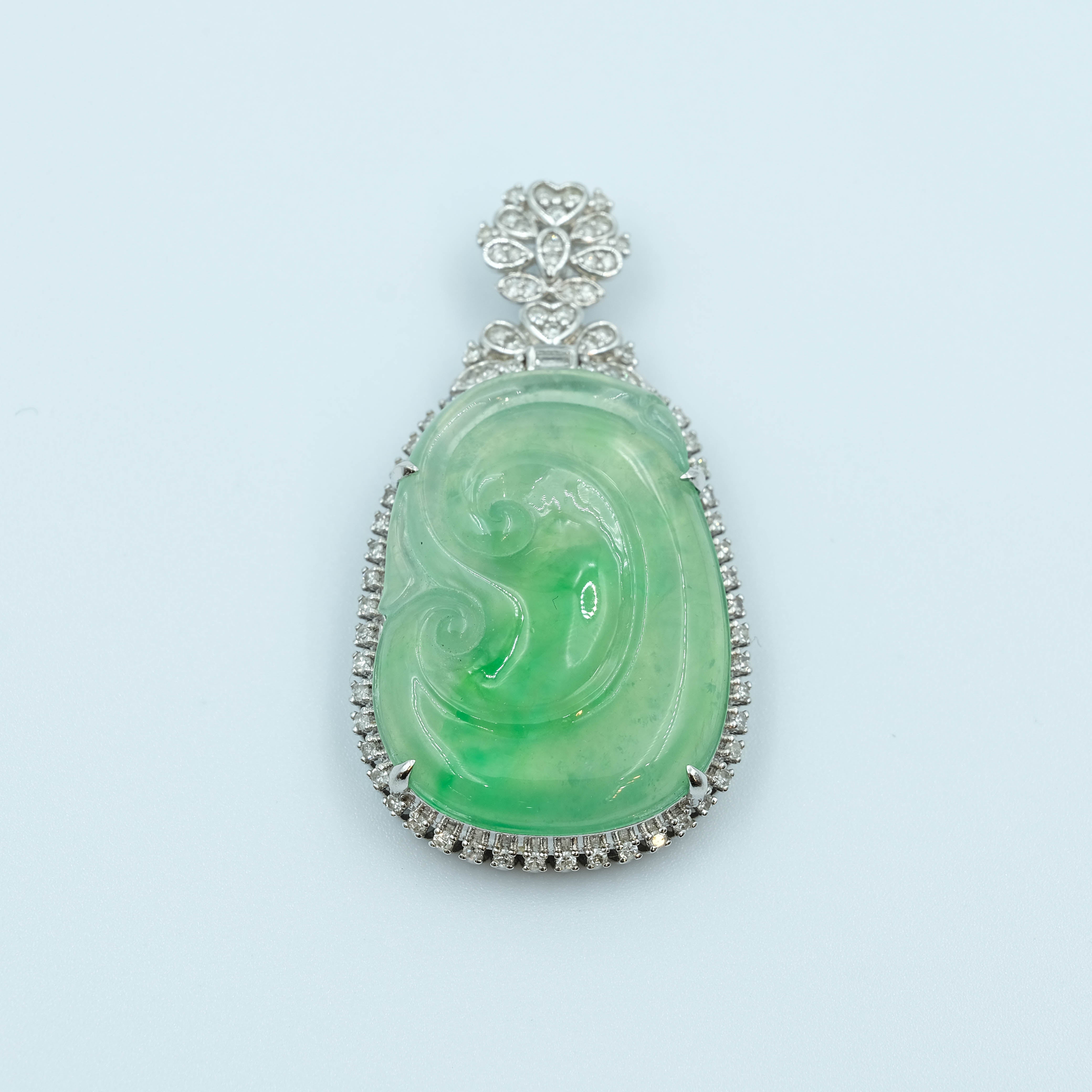 RuYi Pendant Jadeite Jade Apple Green Translucent Grade A 18K White Gold Inlay