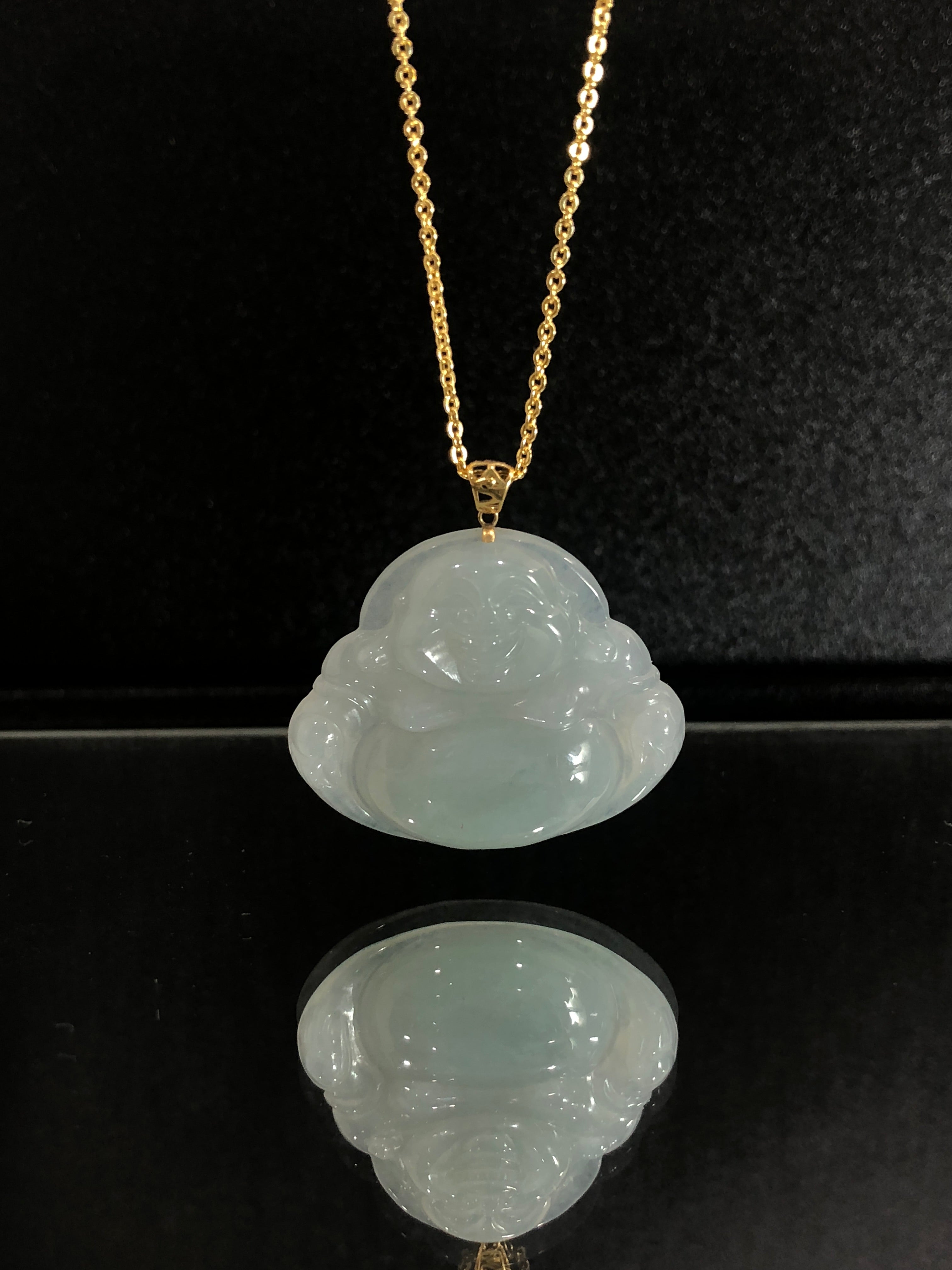 Laughing Buddha Pendant Light Green Translucent 18K Yellow Gold Inlayed 30.8x26x6mm Natural Burmese Jadeite Grade A