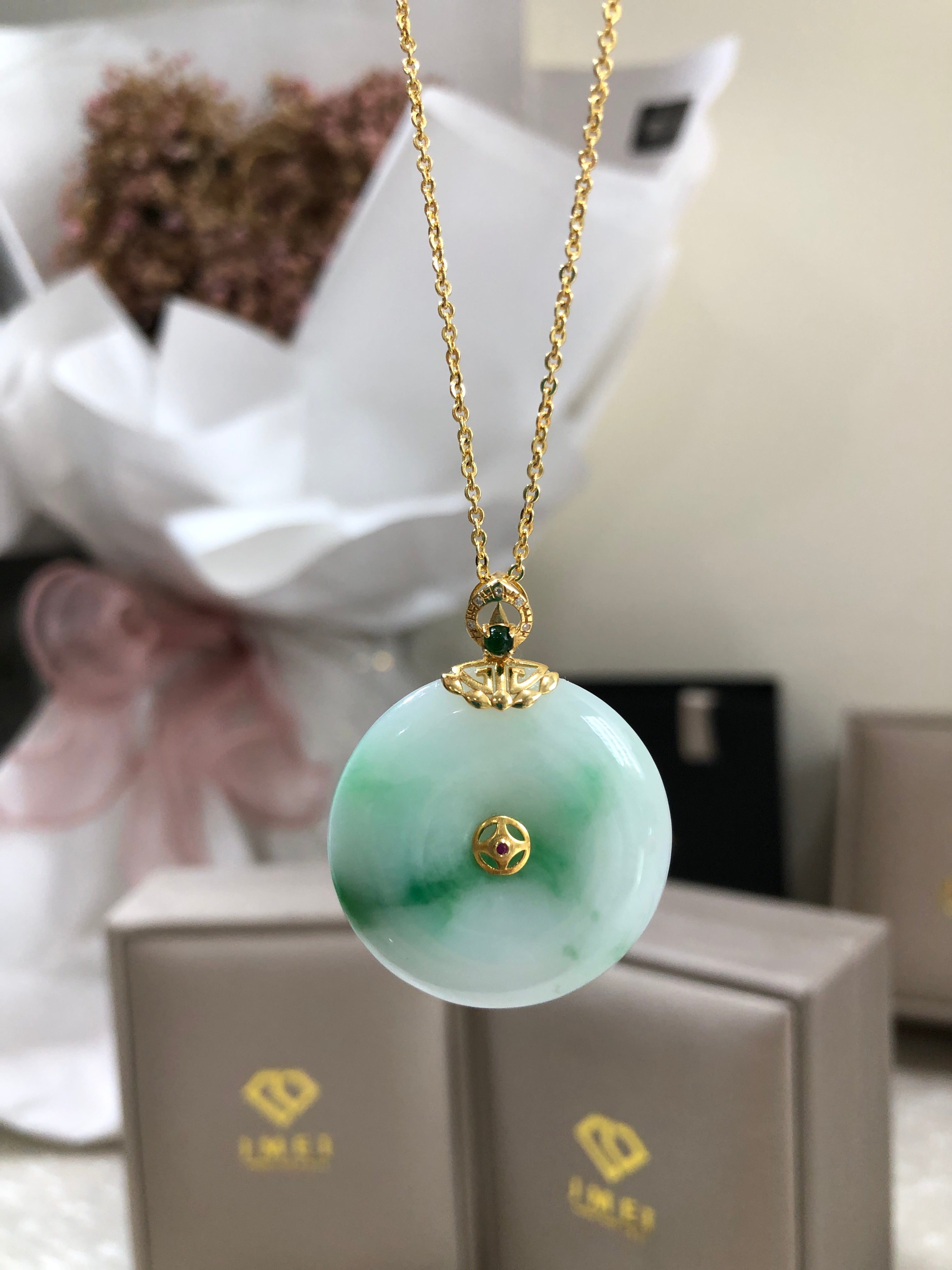 Ping An Kou Pendant White Green 18K Yellow Gold Inlayed 26.6x6mm Natural Burmese Jadeite Grade A