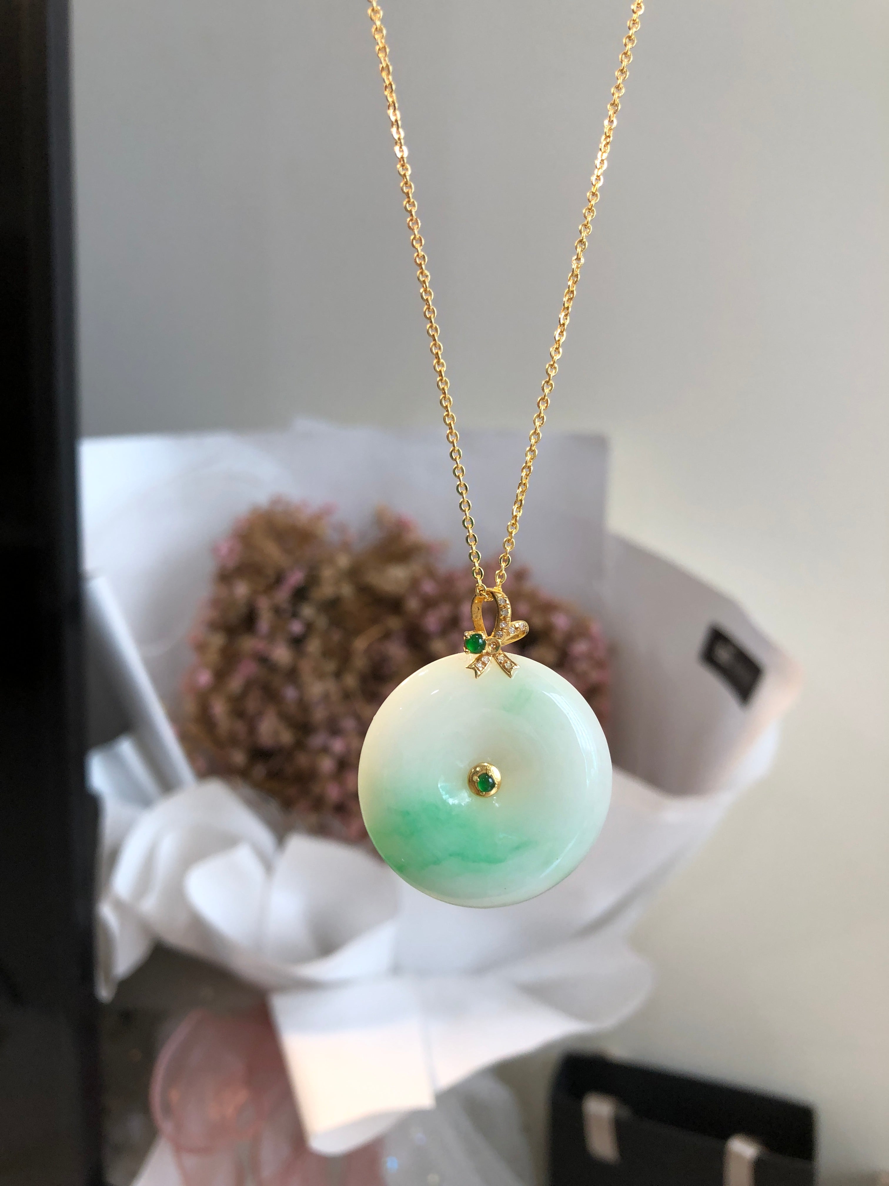 Ping An Kou Pendant White Green 18K Yellow Gold Inlayed