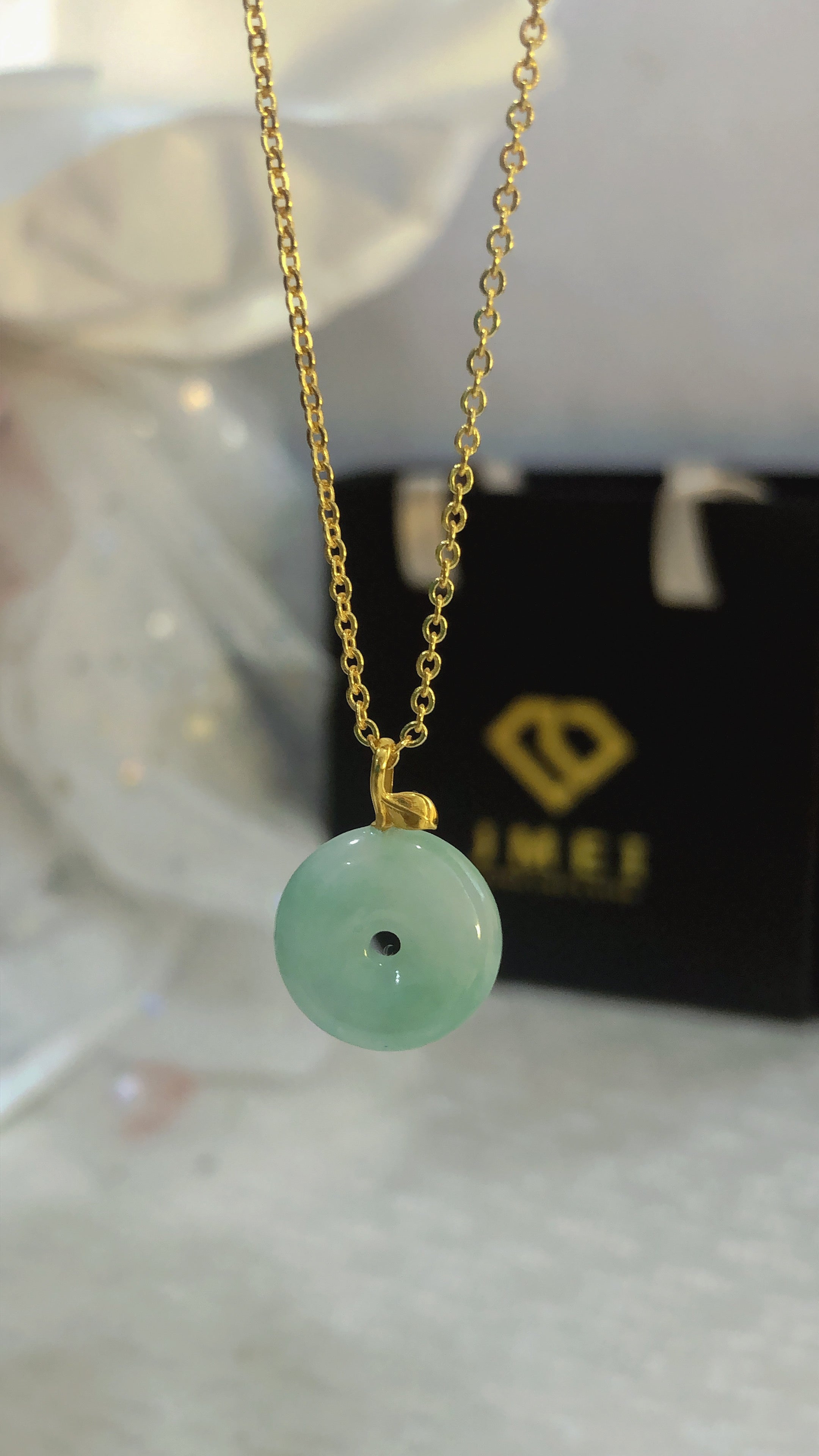 Ping An Kou Pendant Light Green Translucent 18K Yellow Gold Inlayed 13.4x4mm Natural Burmese Jadeite Grade A