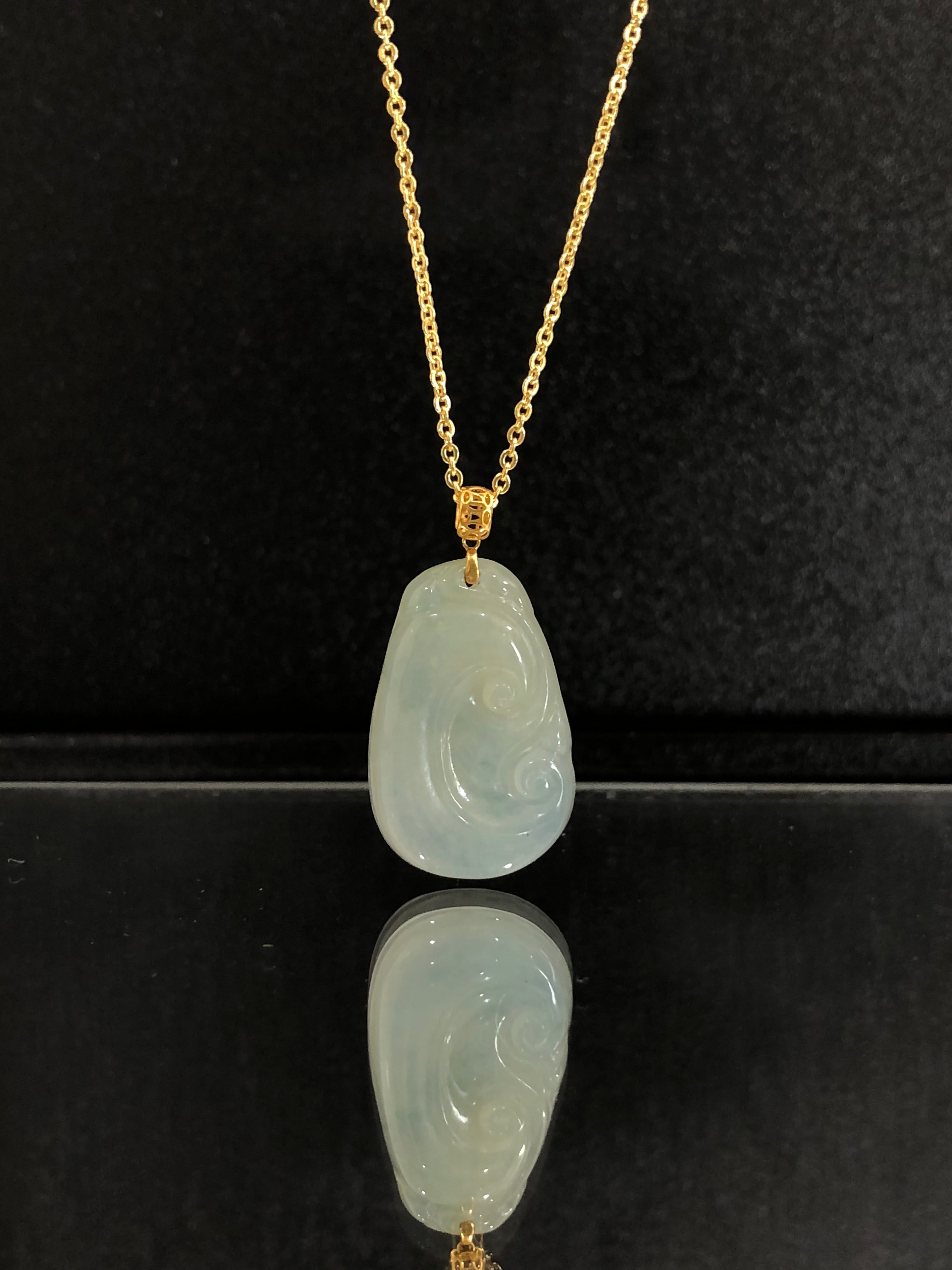 Ping An Kou Pendant Light Green Translucent 18K Yellow Gold Inlayed 24.5x15.4x4.7mm Natural Burmese Jadeite Grade A