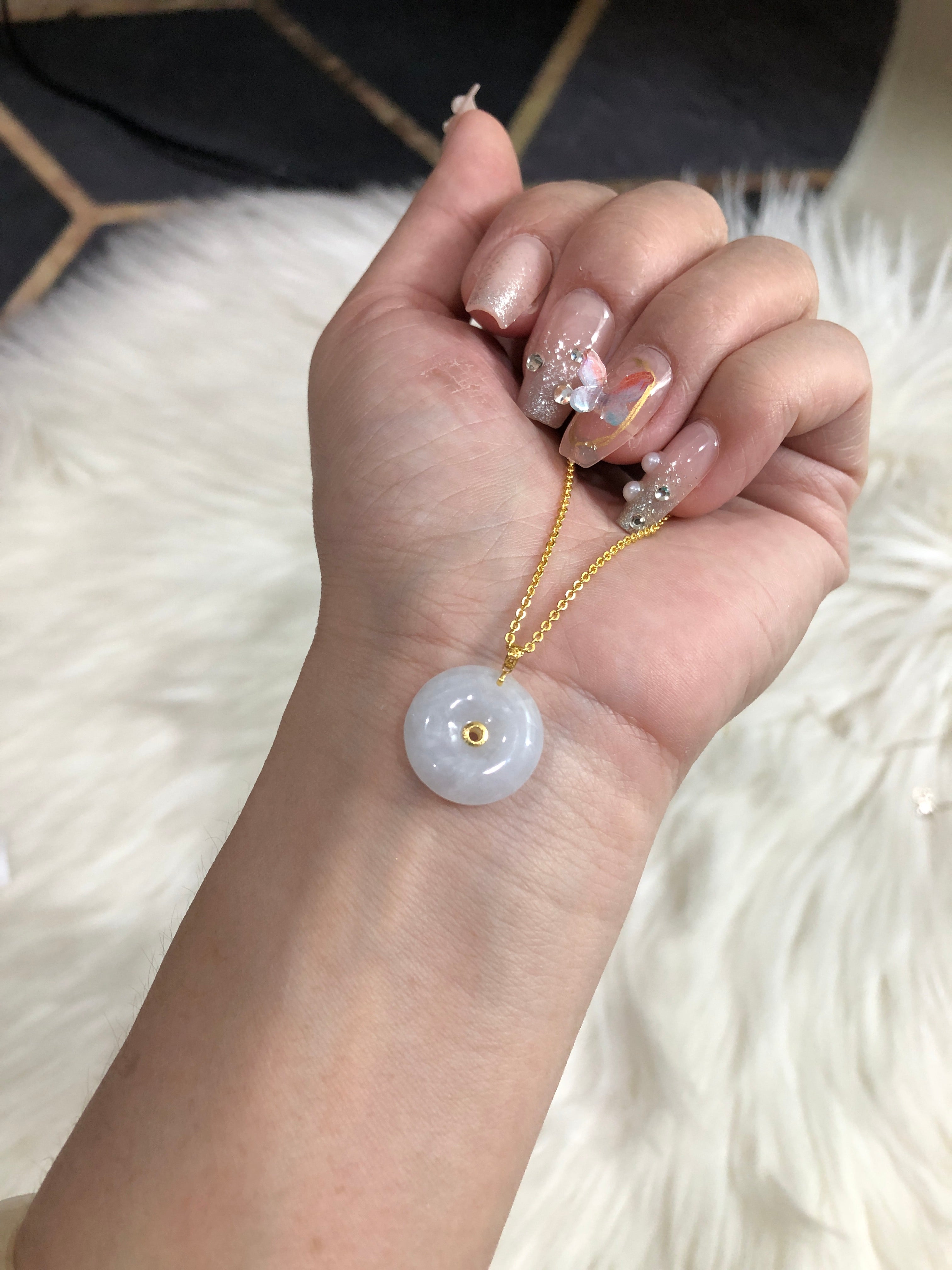 Ping An Kou Pendant White Translucent 18K Yellow Gold Inlayed 15.9x5.2mm Natural Burmese Jadeite Grade A