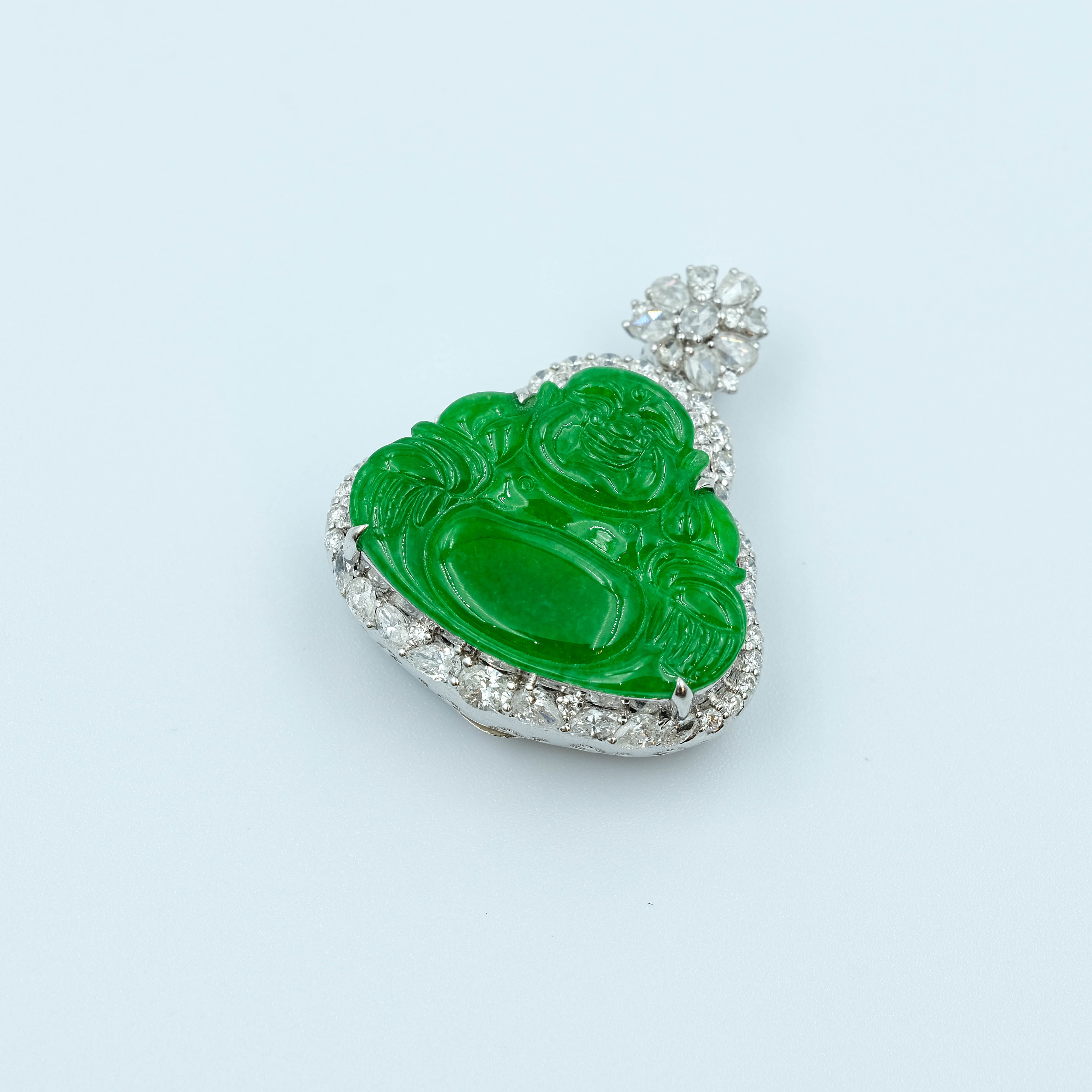 Laughing Buddha Pendant Jadeite Imperial Green Grade A 18k White Gold Natural Diamond Inlay