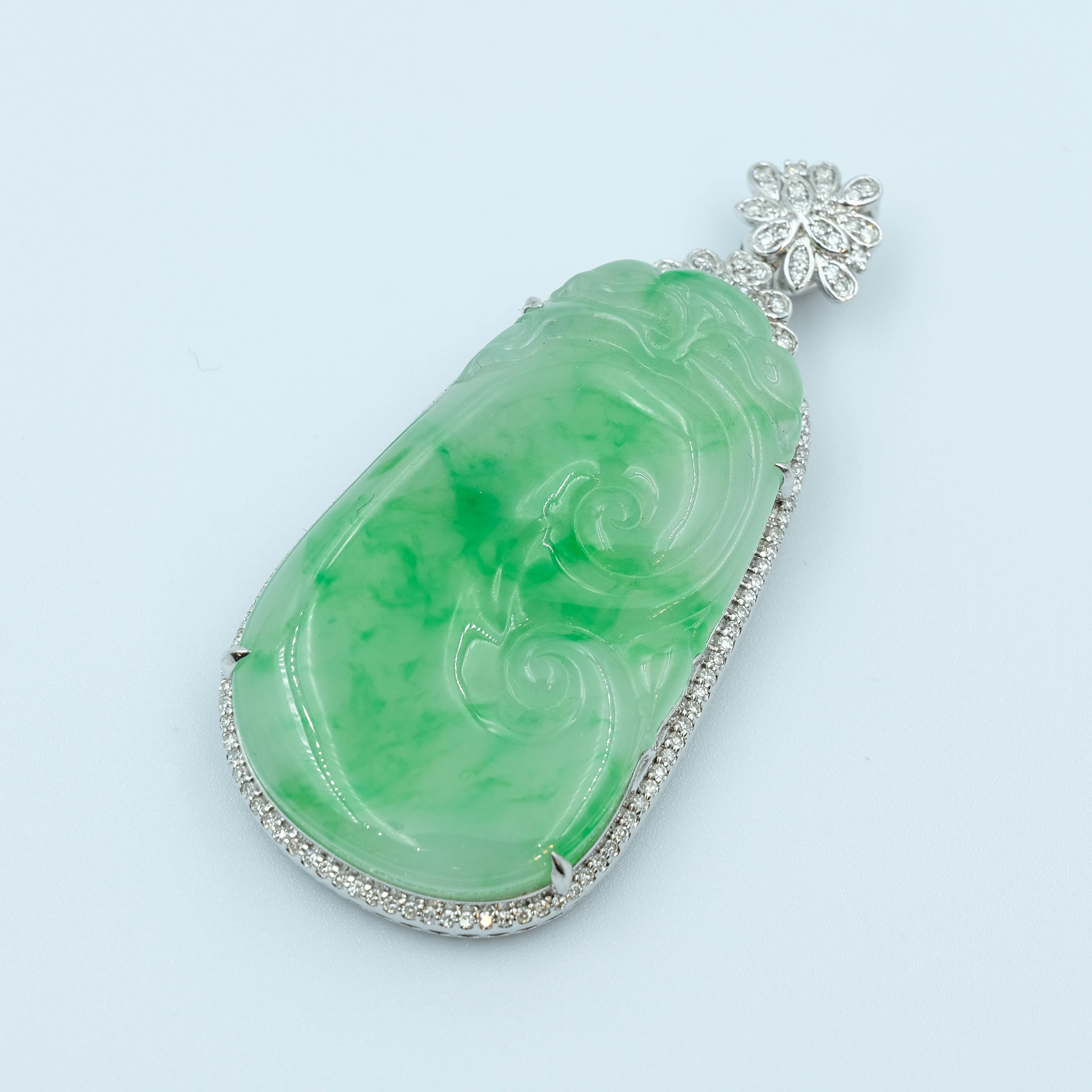 RuYi Pendant Jadeite Jade Moss on Snow Apple Green Translucent Grade A 18K White Gold Inlay