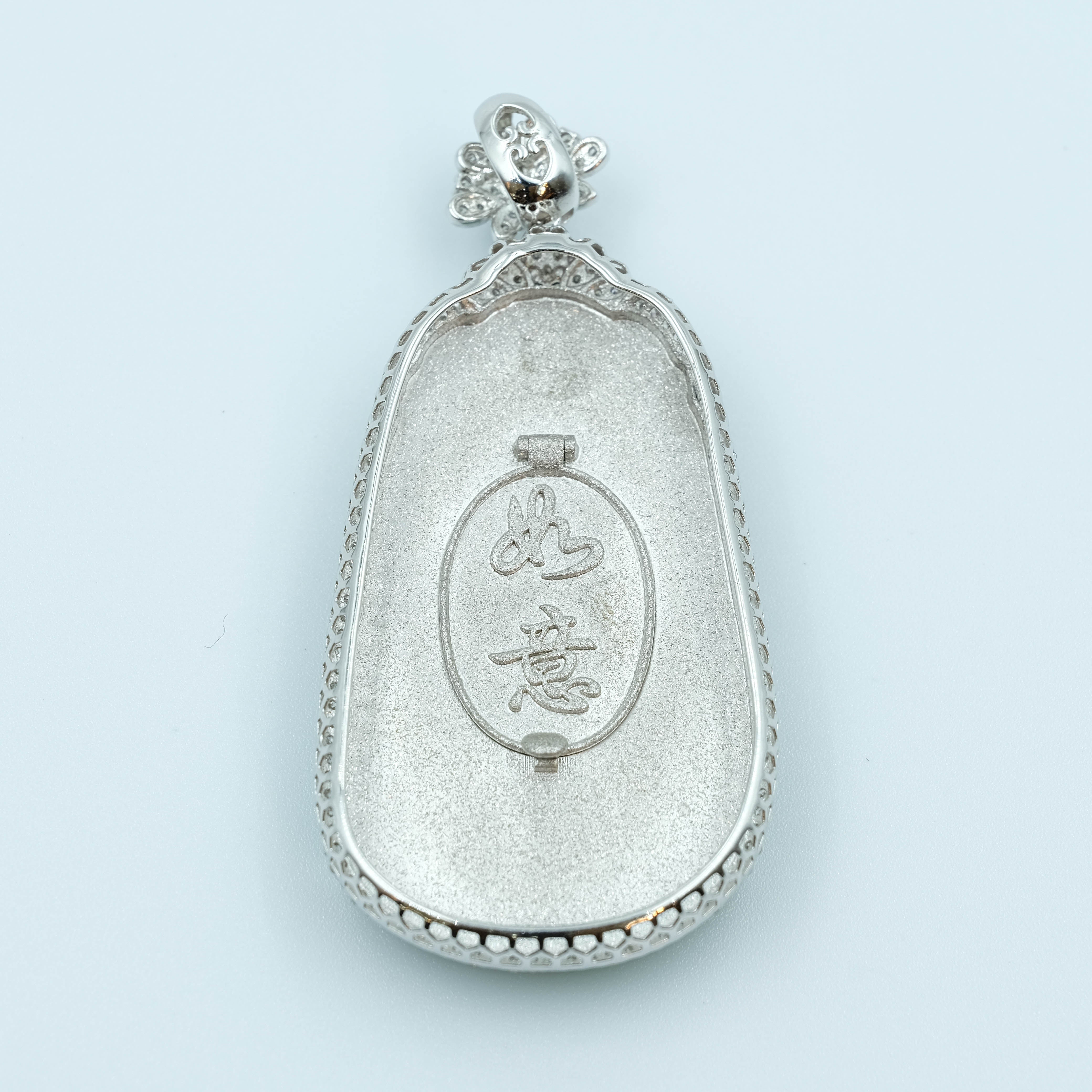RuYi Pendant Jadeite Jade Moss on Snow Apple Green Translucent Grade A 18K White Gold Inlay