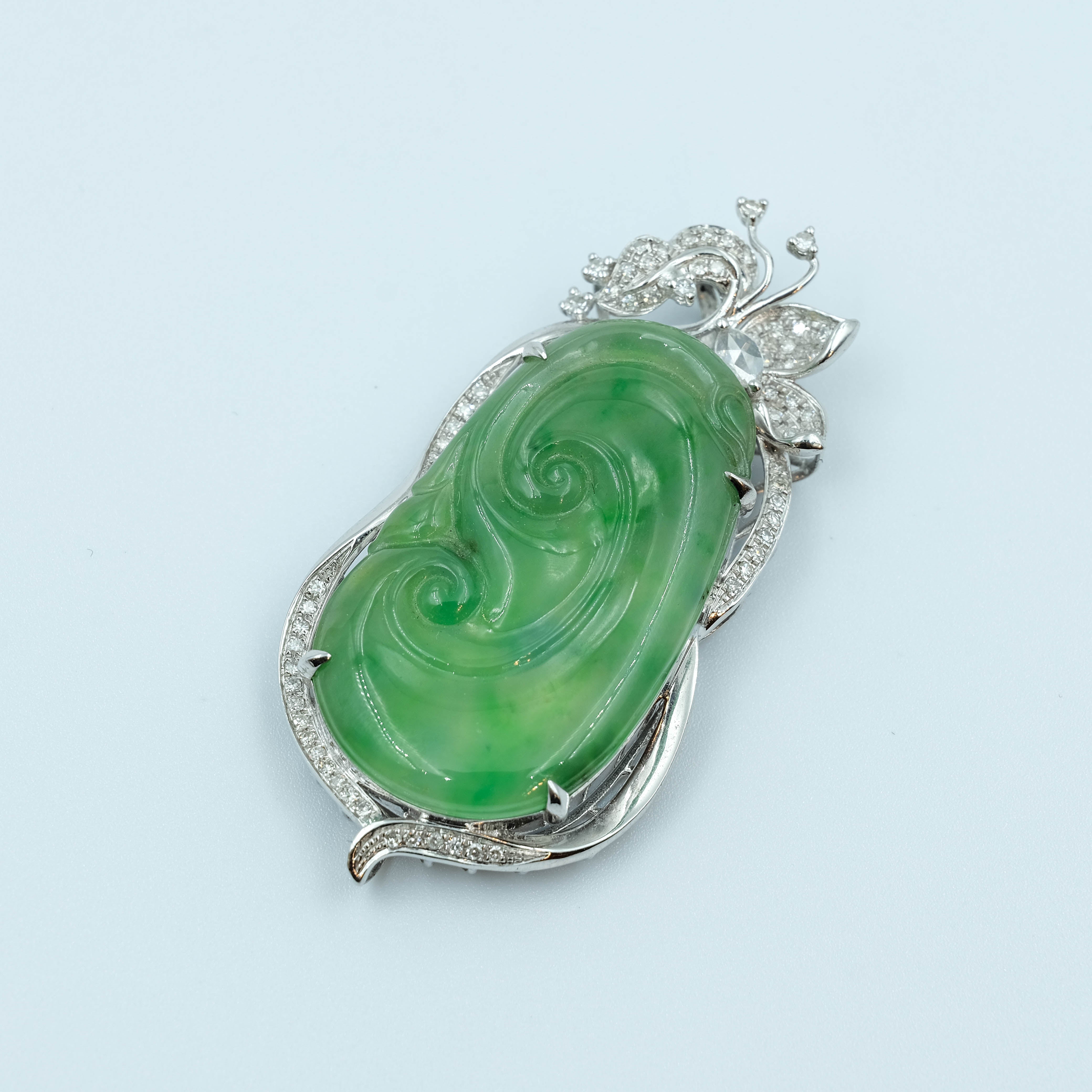RuYi Pendant Jadeite Jade Moss on Snow Green Translucent Grade A 18K White Gold with Diamond Inlay