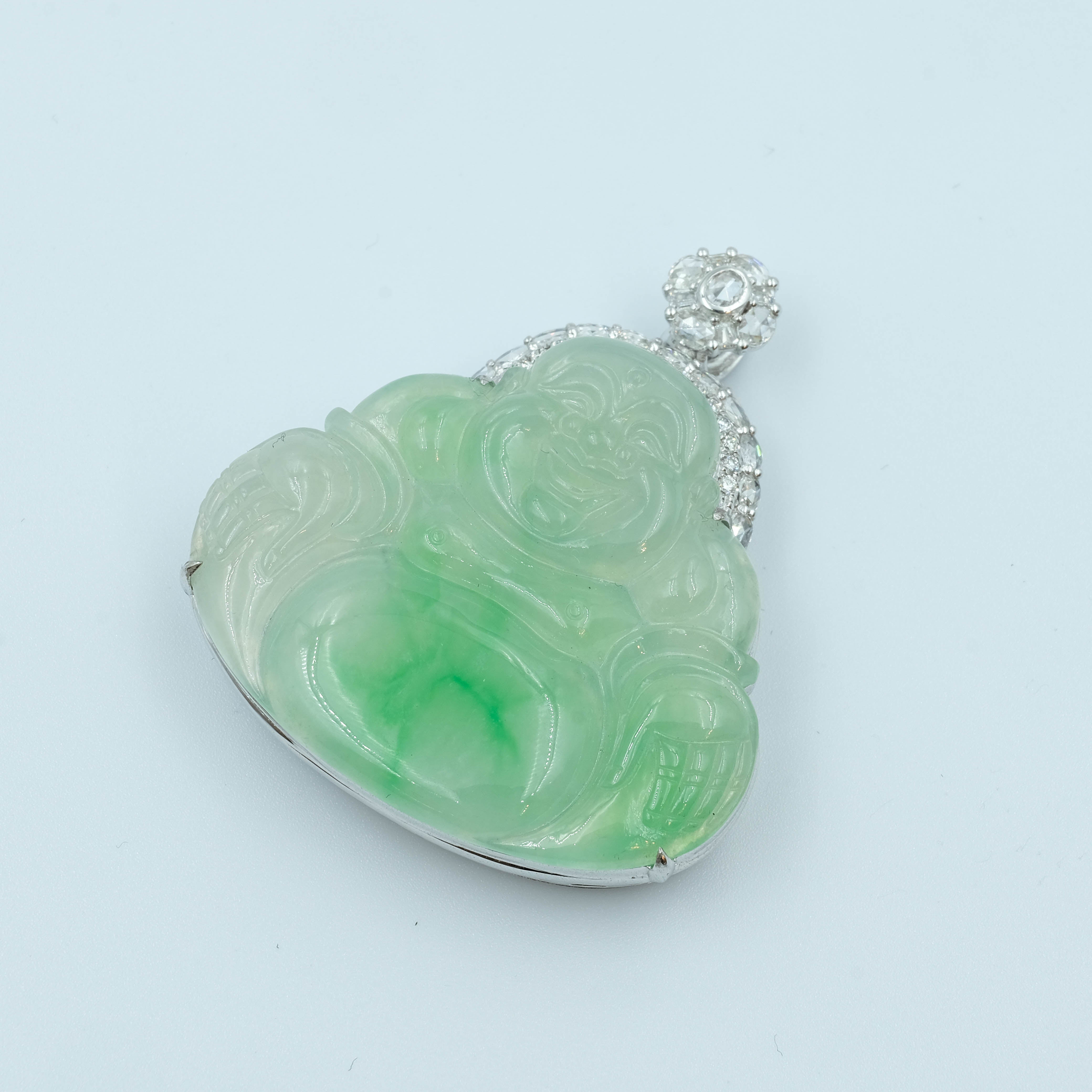 Laughing Buddha Pendant Jadeite Pastel Green Translucent Moss on Snow Grade A 18k White Gold Natural Diamond Inlay