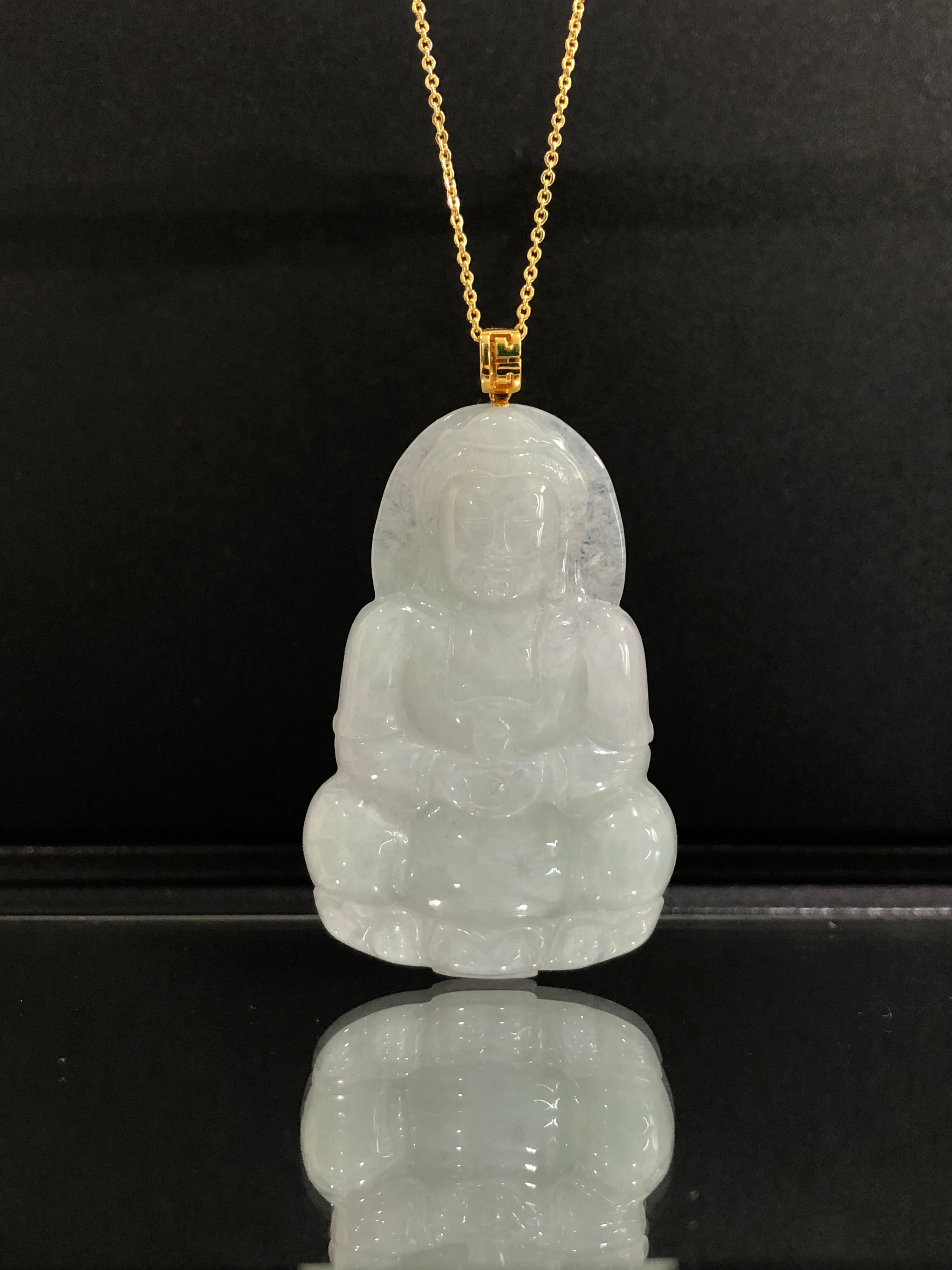 GuanYin White Translucent Pendant 18K Yellow Gold Inlay 55mm Natural Burmese Jadeite Grade A