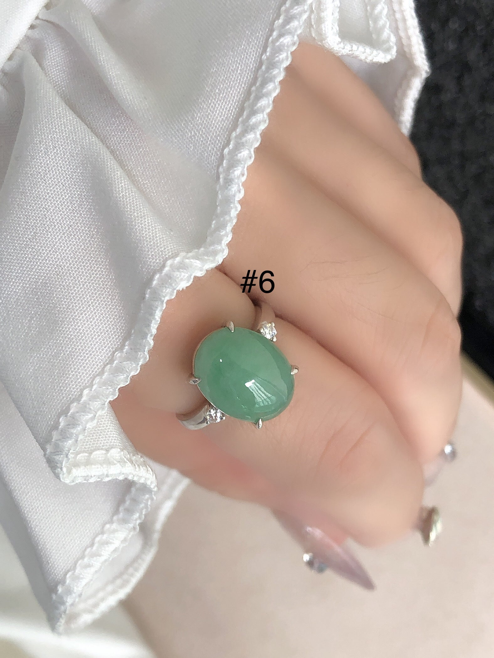 绿色蛋面戒指，925纯银+moissanite 13.6×5.5mm diameter 16.6 #6