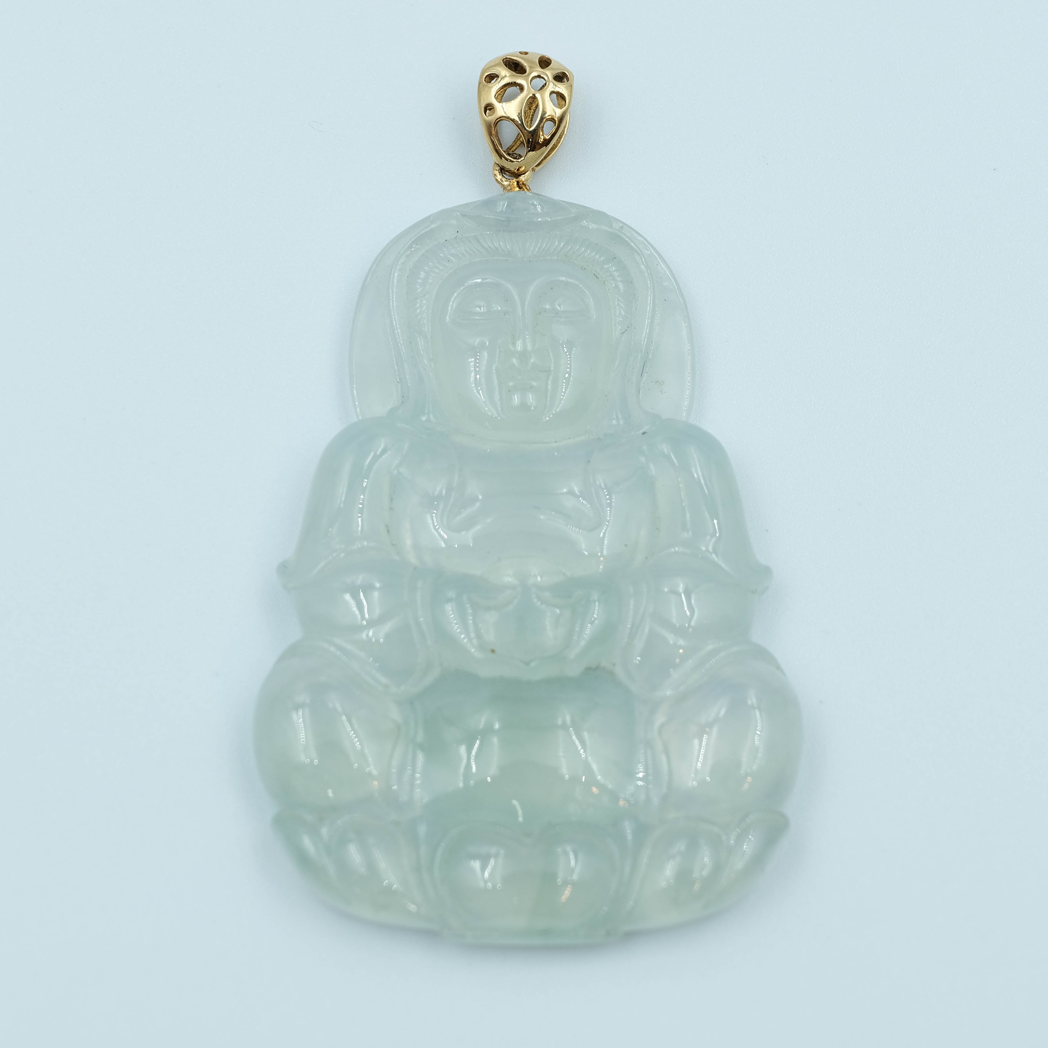 GuanYin Pendant Jadeite No Color Icy Translucent 18K Yellow Gold Inlay