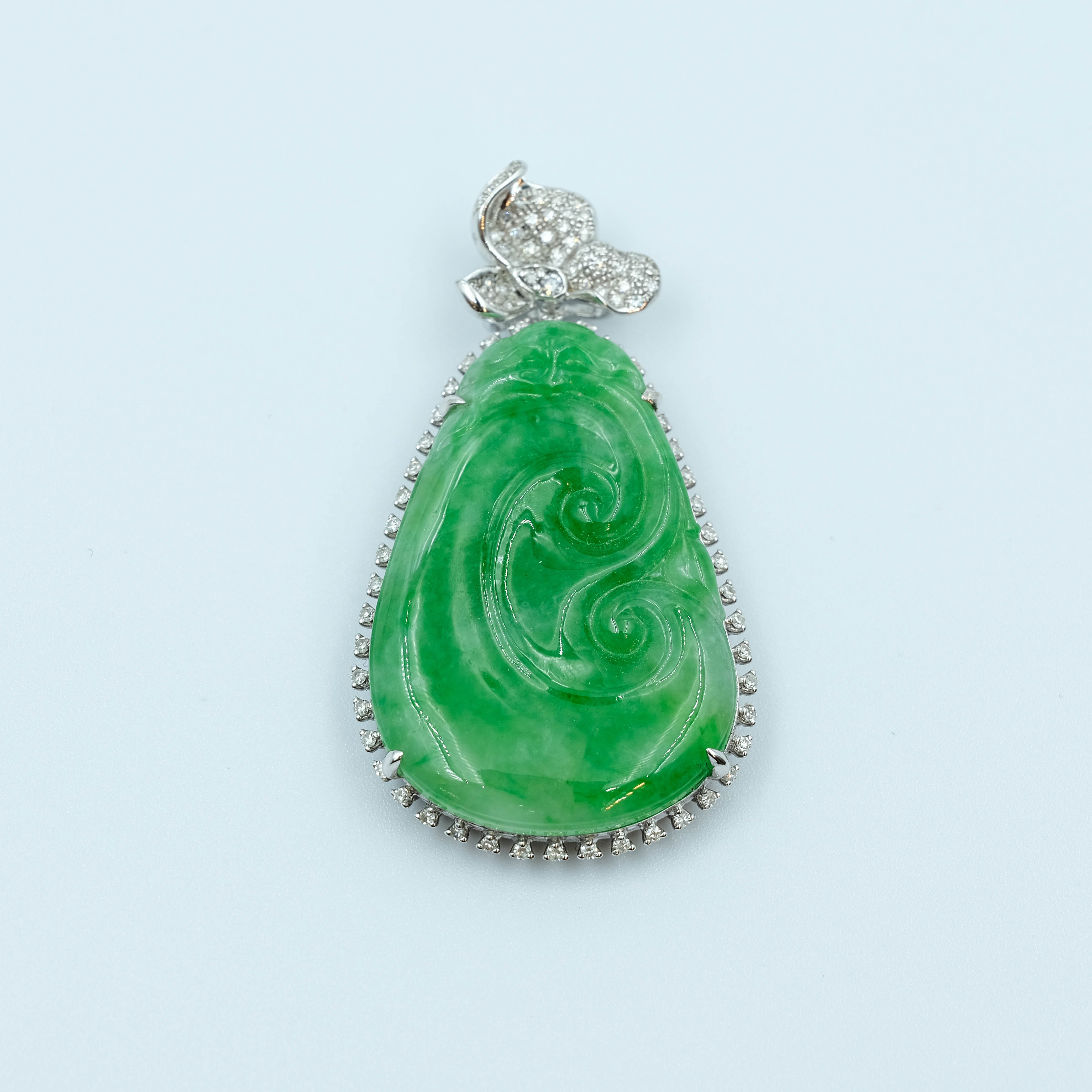 RuYi Pendant Jadeite Jade Vivid Green Translucent Grade A 18K White Gold with Diamond Inlay