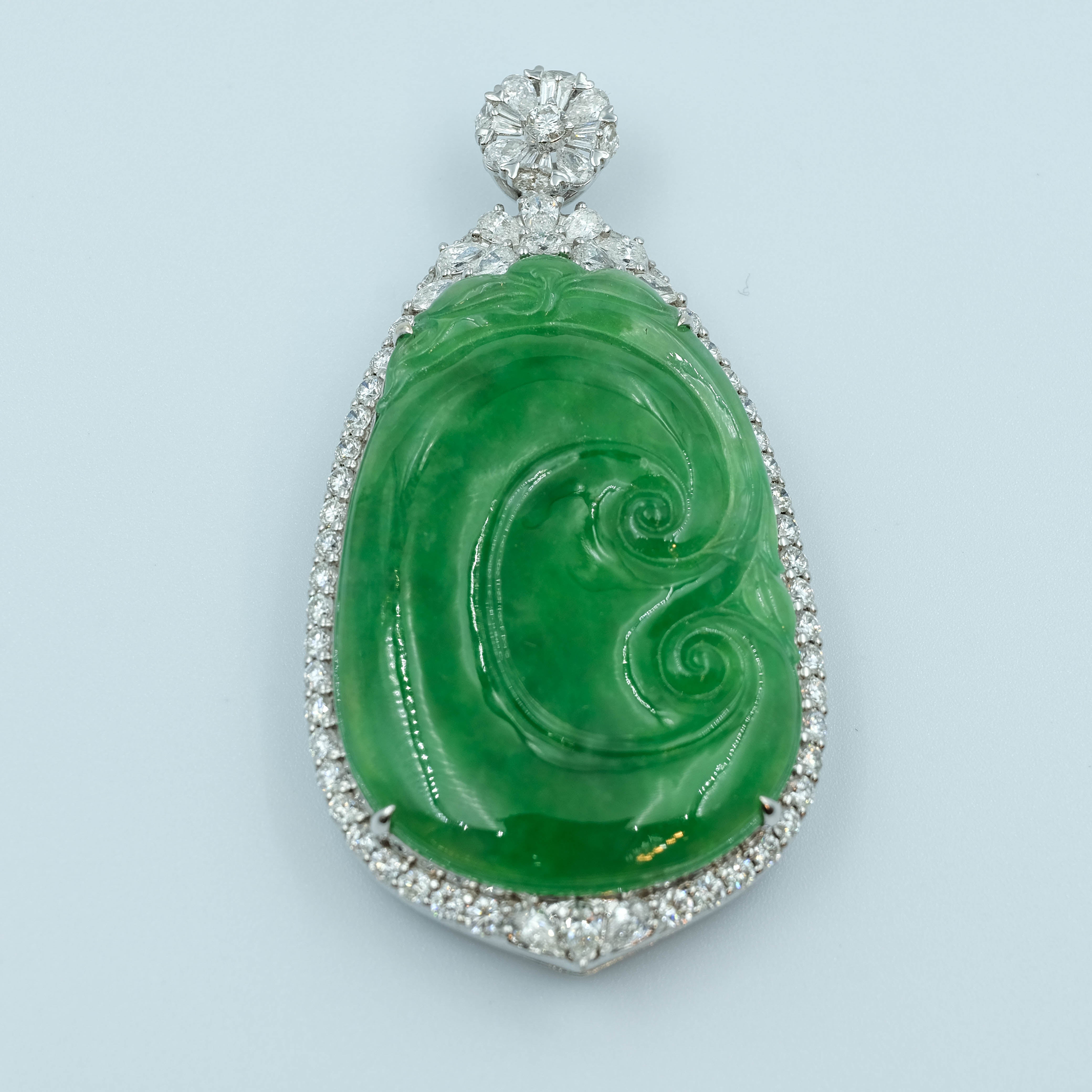 RuYi Pendant Jadeite Jade Green Translucent Grade A 18K White Gold with Diamond Inlay